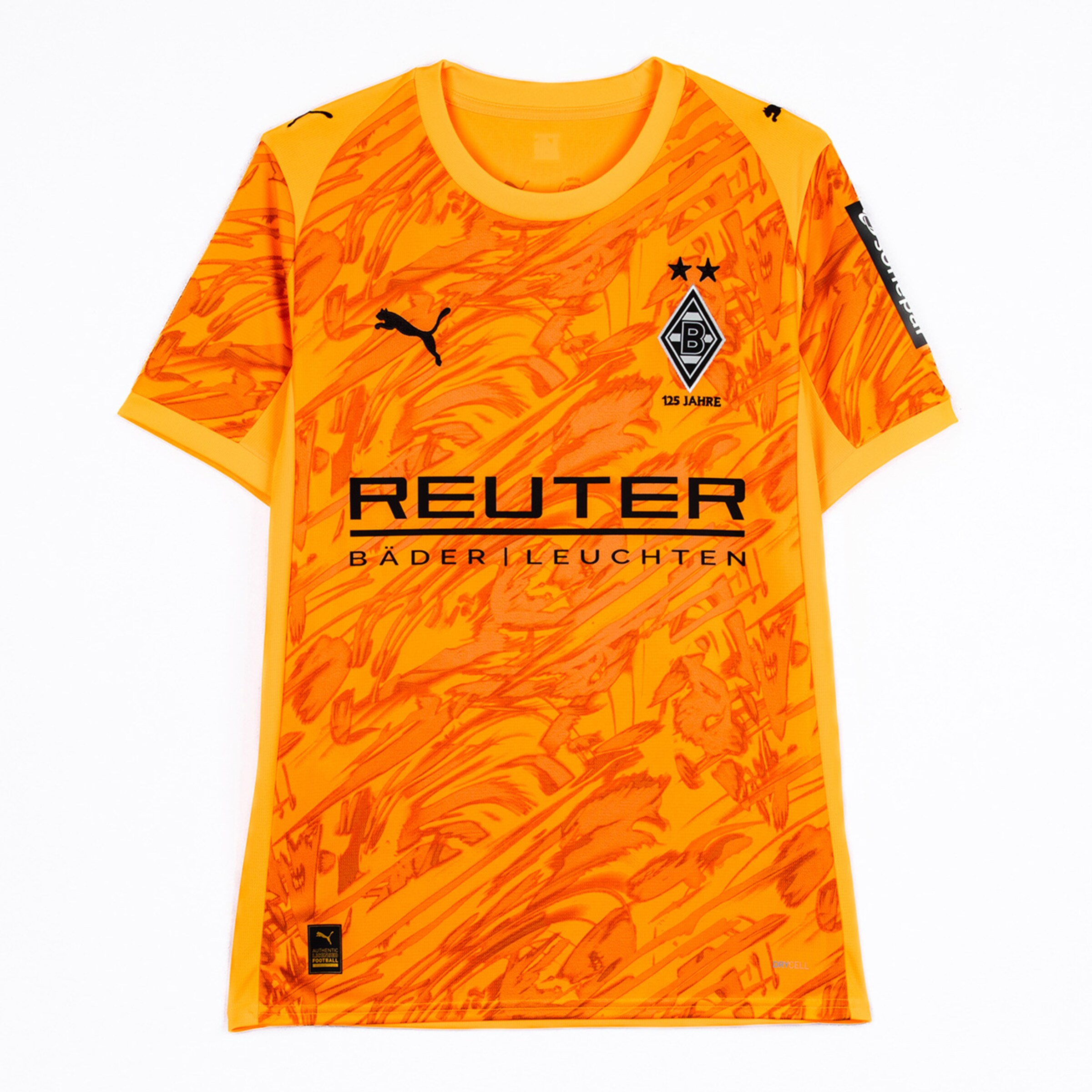 Trikot von Borussia Mönchengladbach in Orange mit abstraktem Muster trägt den Sponsor REUTER.