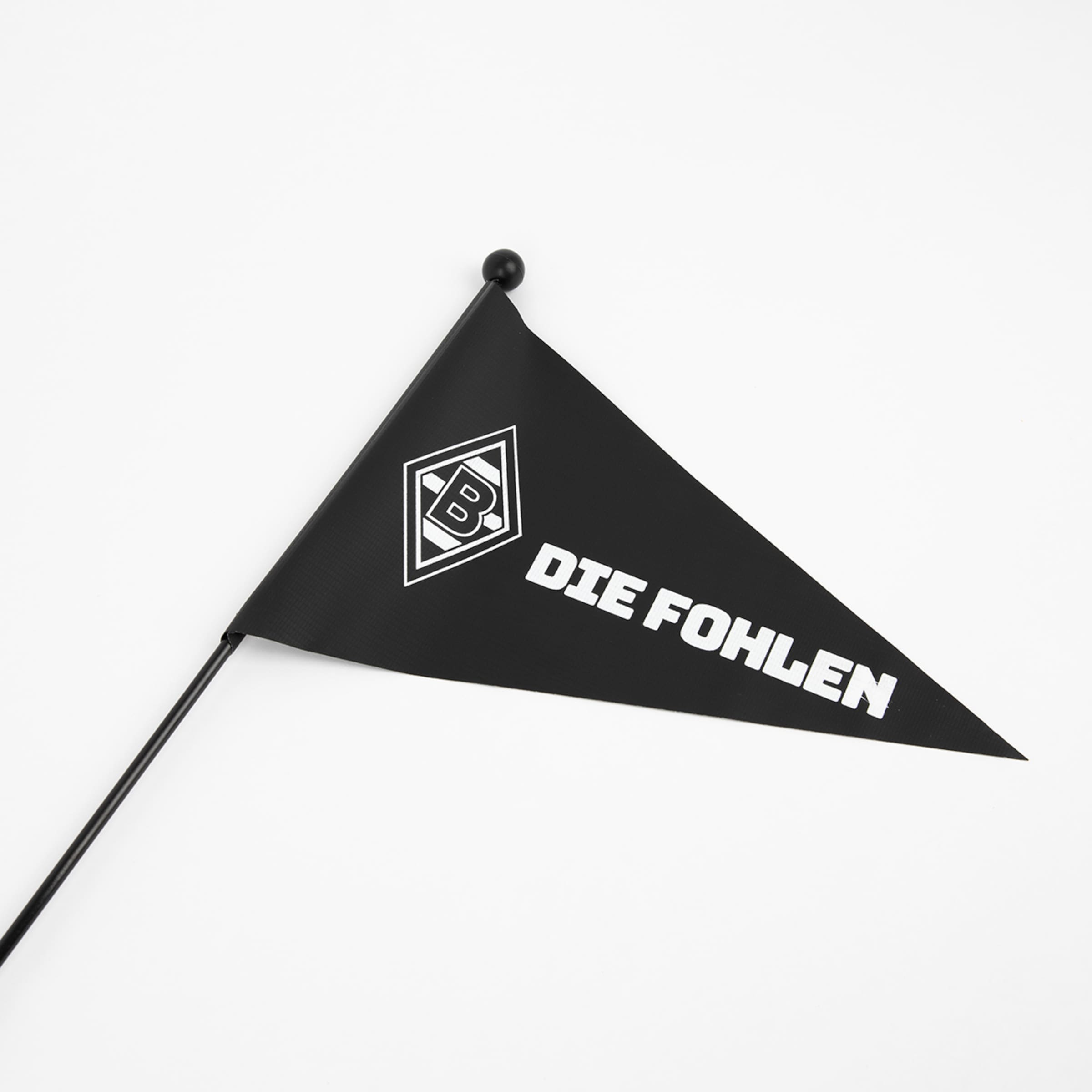 Black pennant on a stick with the Borussia Mönchengladbach logo and white "DIE FOHLEN" text against a white background.