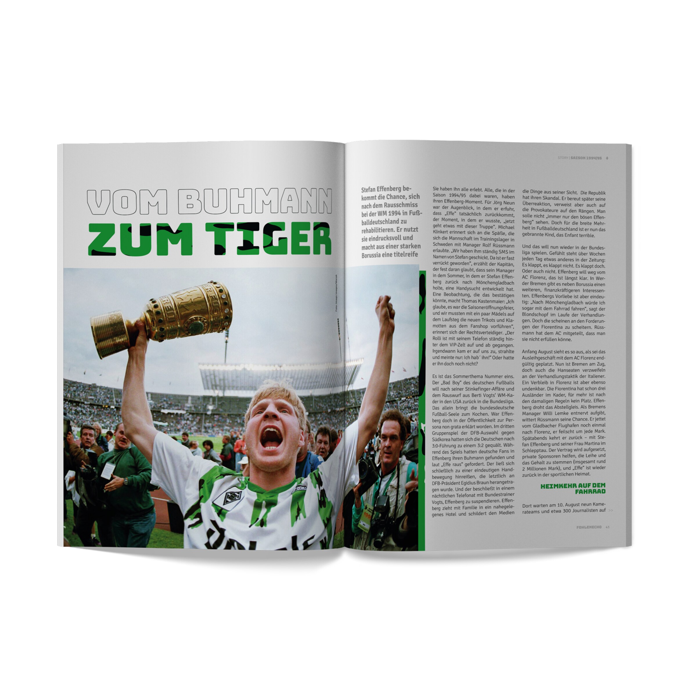 A football player celebrates by raising a trophy. In the background a cheering crowd and the stadium can be seen.