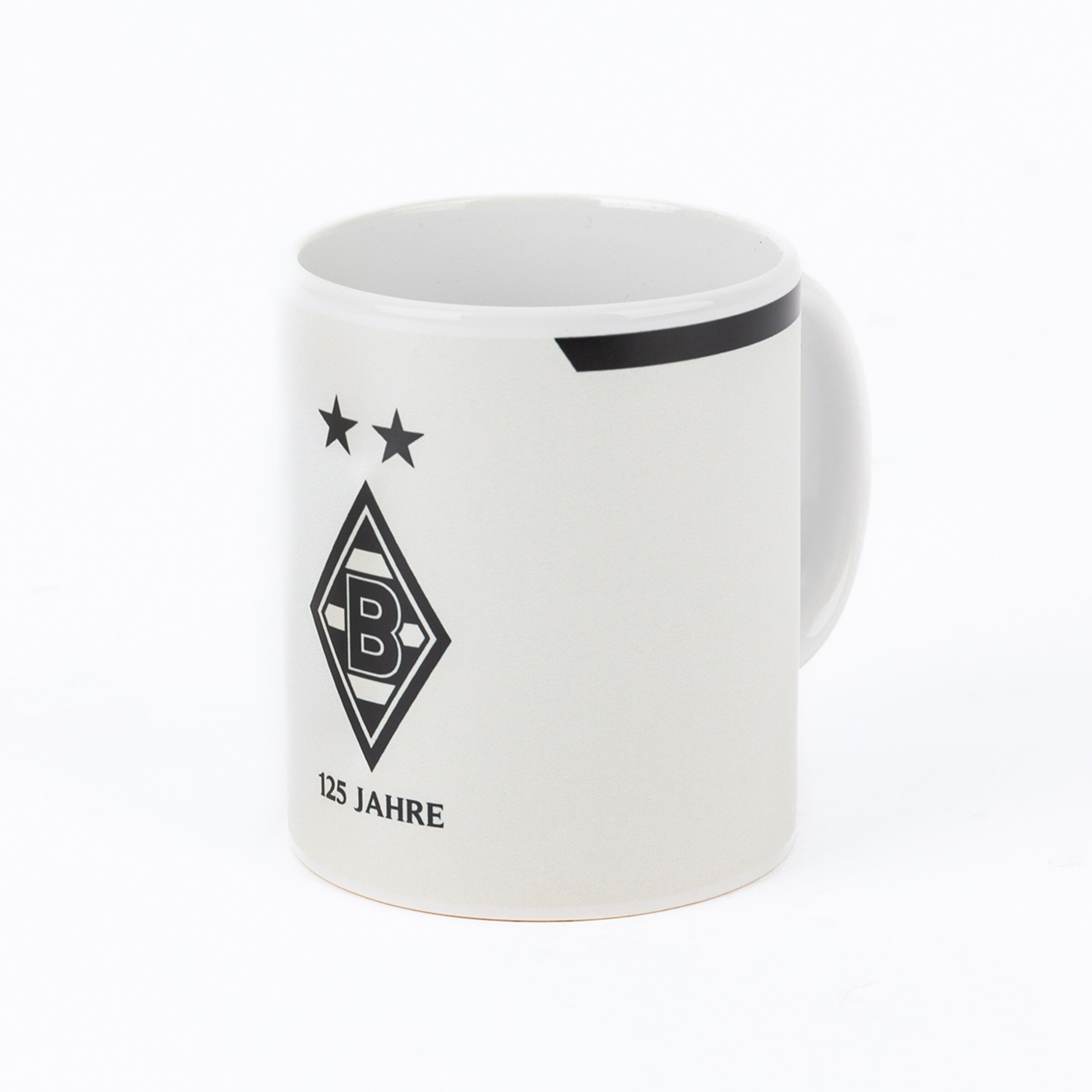 Weiße Tasse mit Borussia Mönchengladbach-Logo und 125 Jahre Schriftzug.