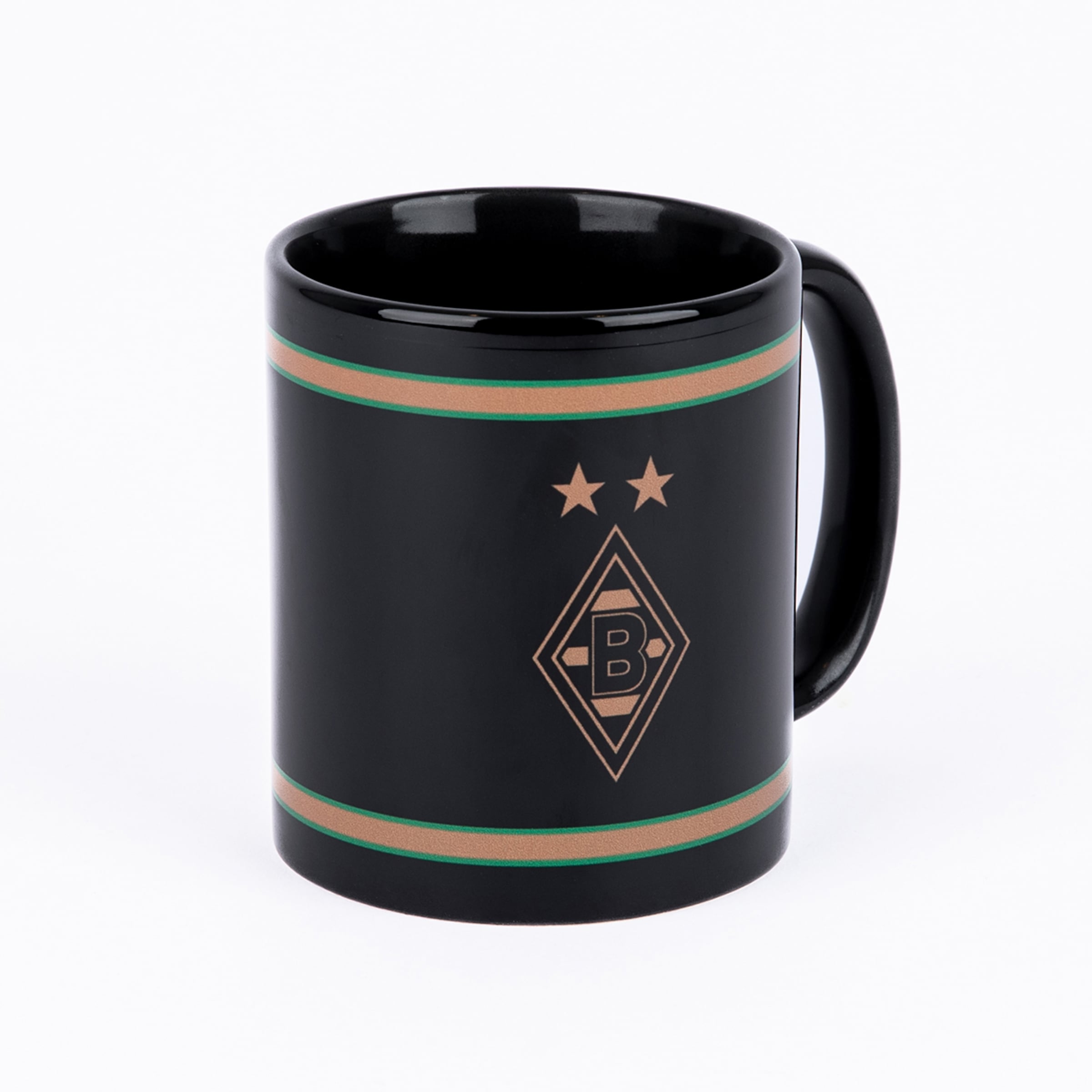 Schwarze Tasse mit dem Borussia Mönchengladbach Logo, zwei goldenen Sternen und grün-goldenen Zierstreifen auf weißem Grund.
