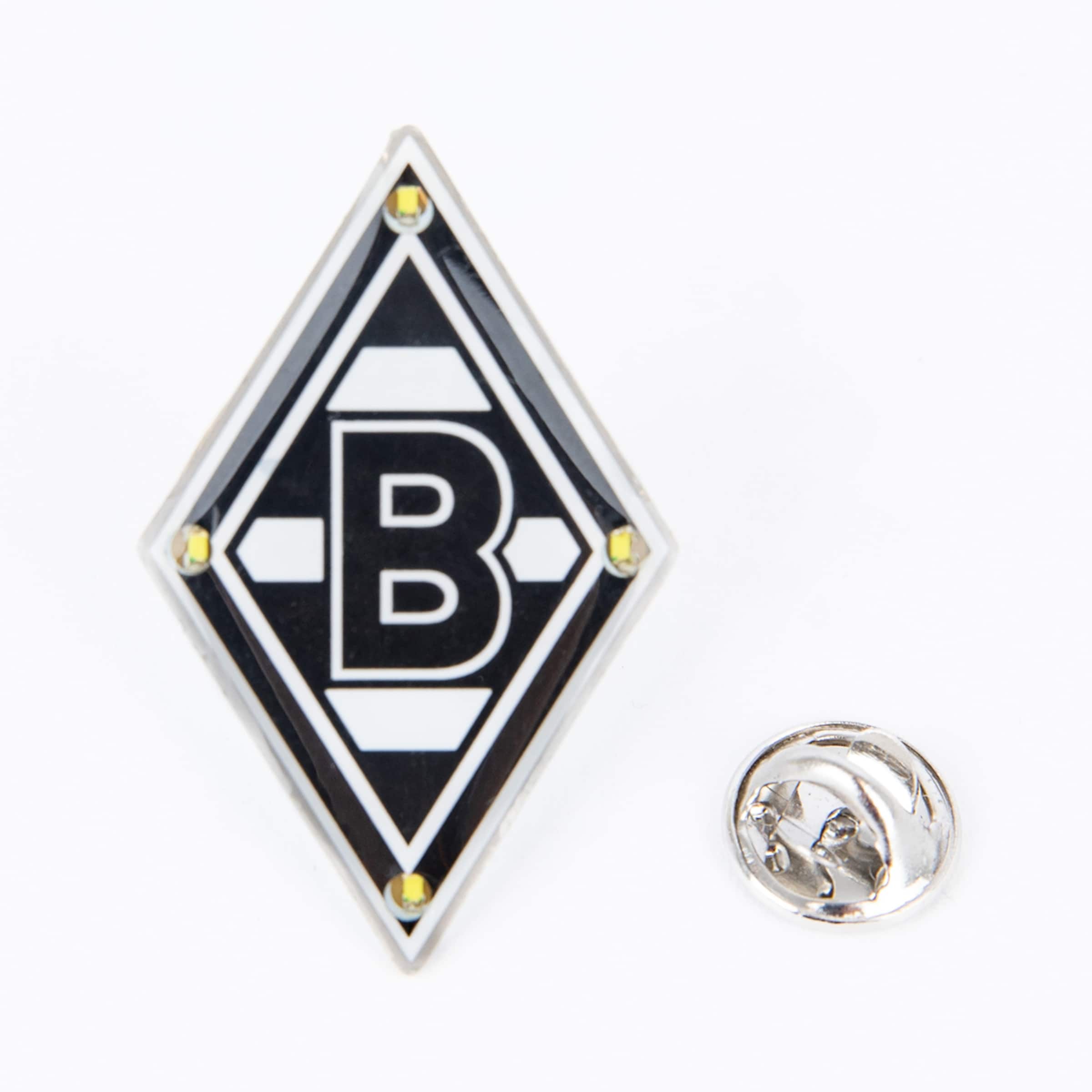 Borussia Mönchengladbach Pin: Schwarz-weiße Raute mit „B“ und vier Schmucksteinen neben einem Butterfly-Verschluss auf weißem Grund.