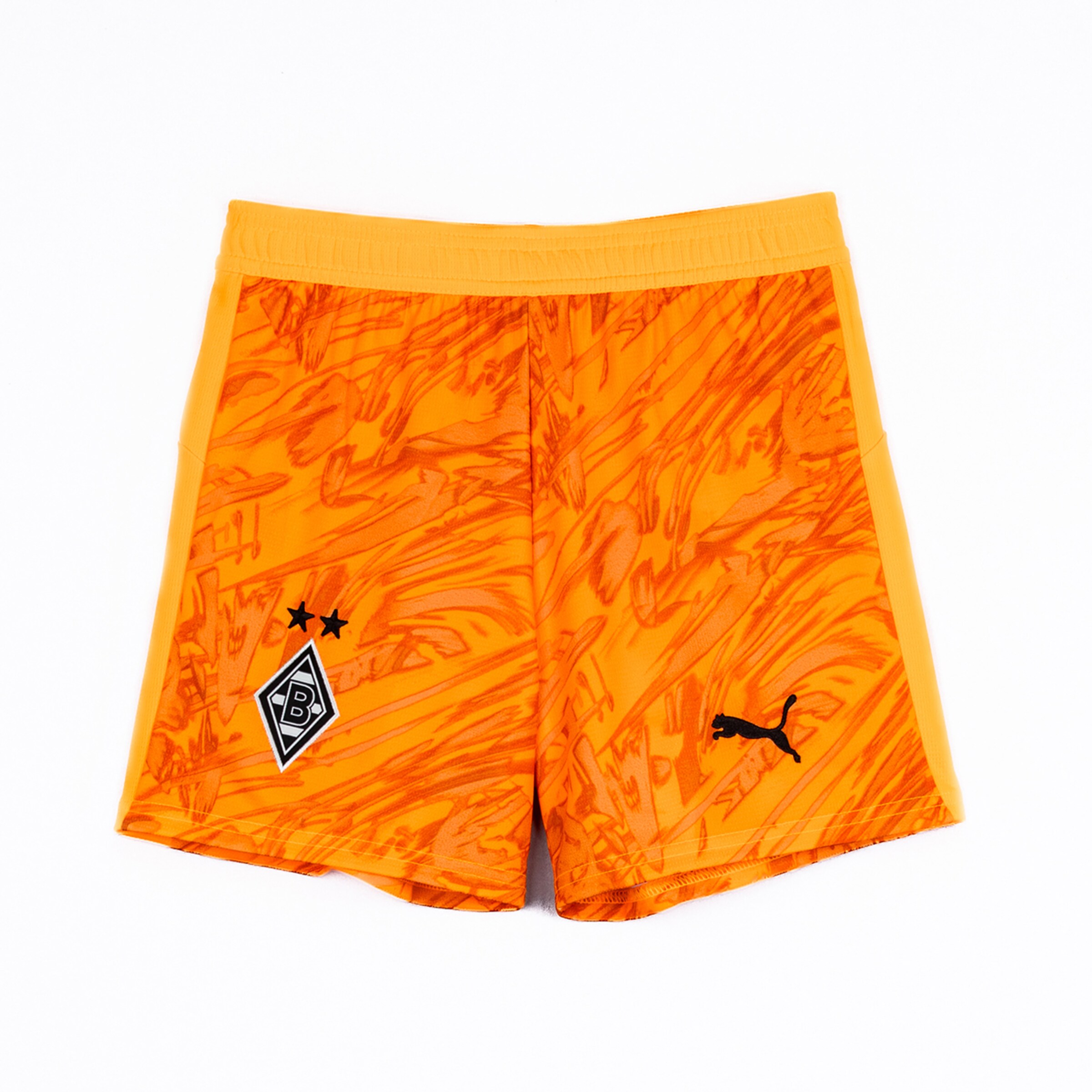 Orangenfarbene Torwarthose mit abstraktem Muster und Borussia Mönchengladbach-Logo.