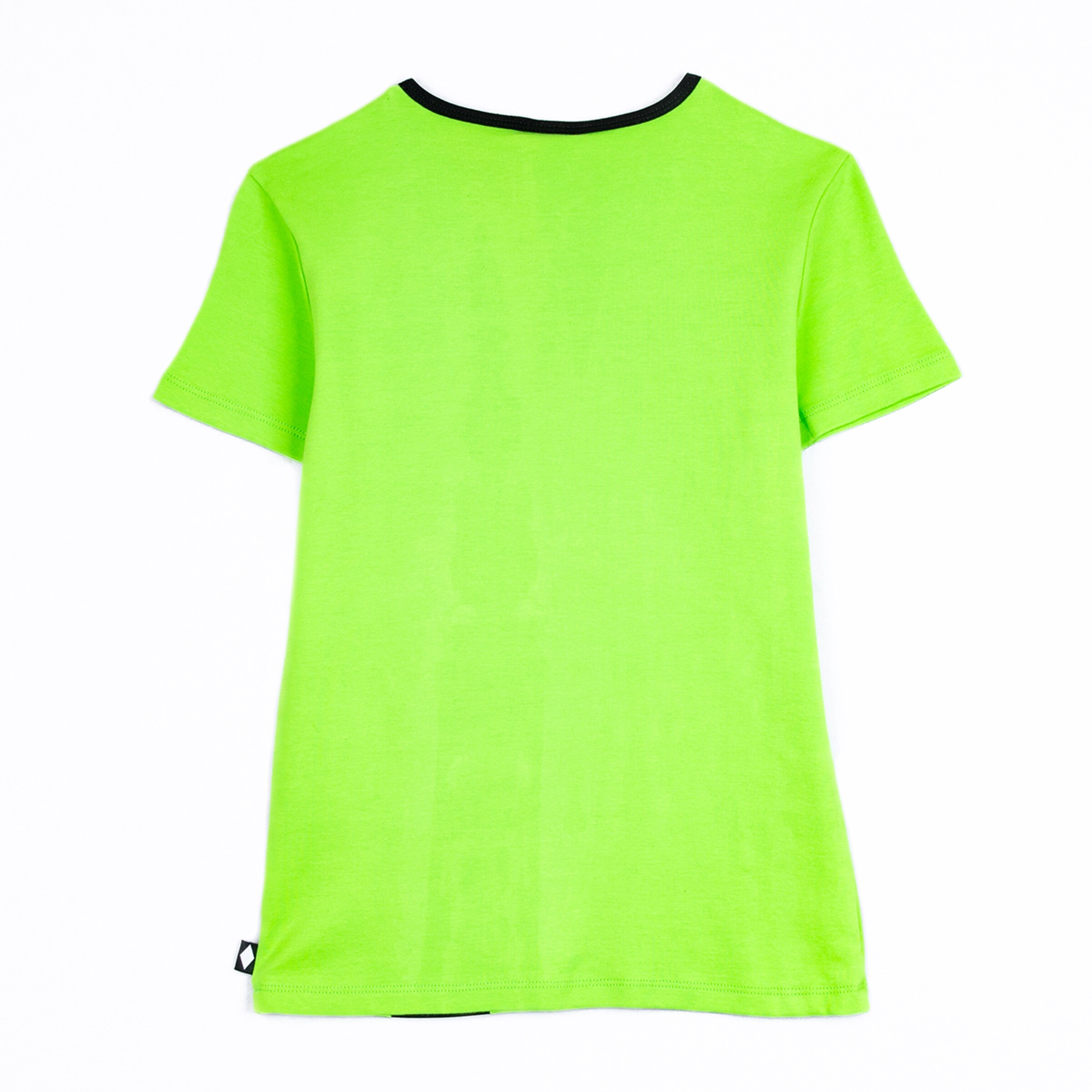 Grünes T-Shirt ohne Aufdruck hintenansicht mit schwarzem Halsbündchen.