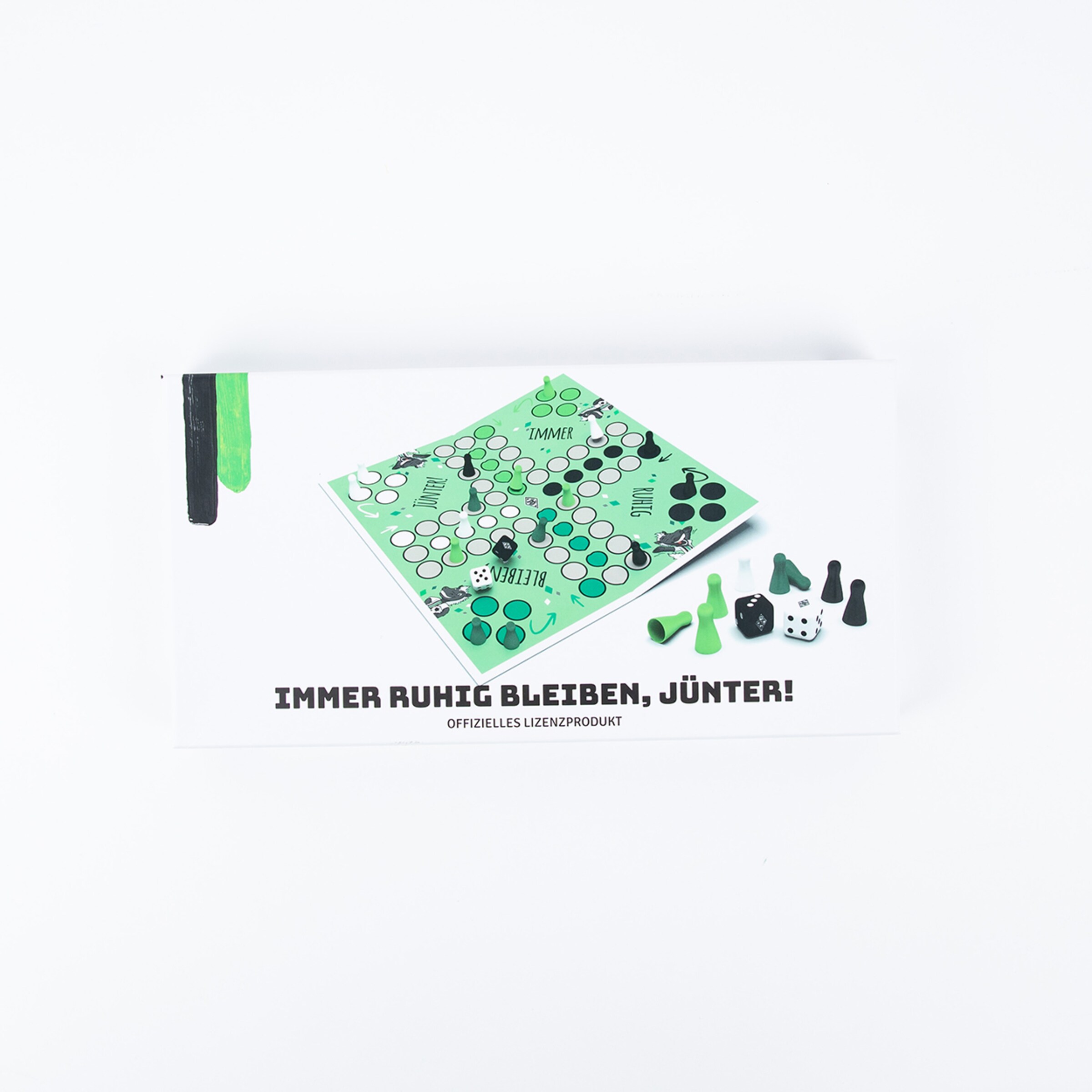 Brettspiel mit dem Titel Immer ruhig bleiben Jünter! und verschiedenen Spielfiguren.