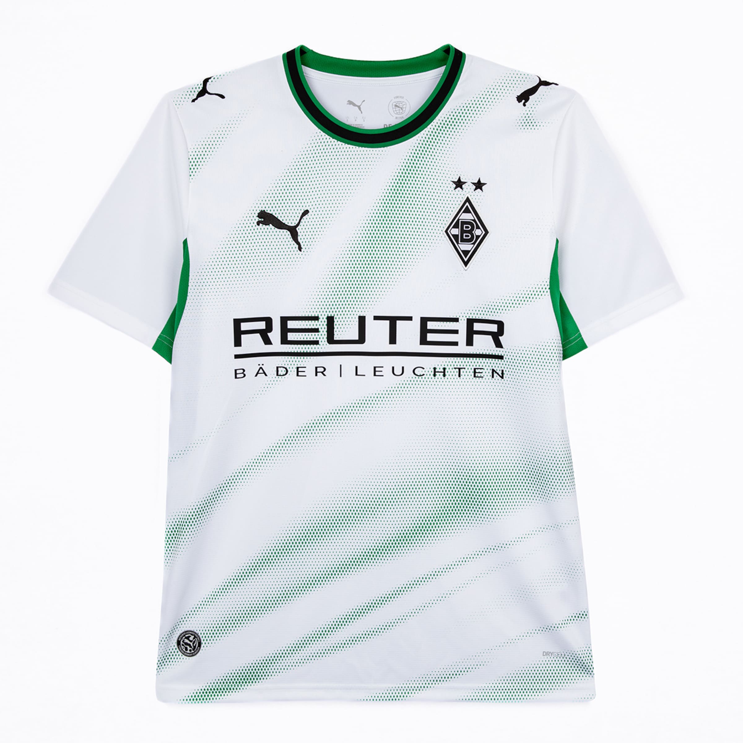 Weißes Gladbach-Trikot mit grünen Grafikmustern, Puma-Logos, Vereinswappen und „REUTER BÄDER