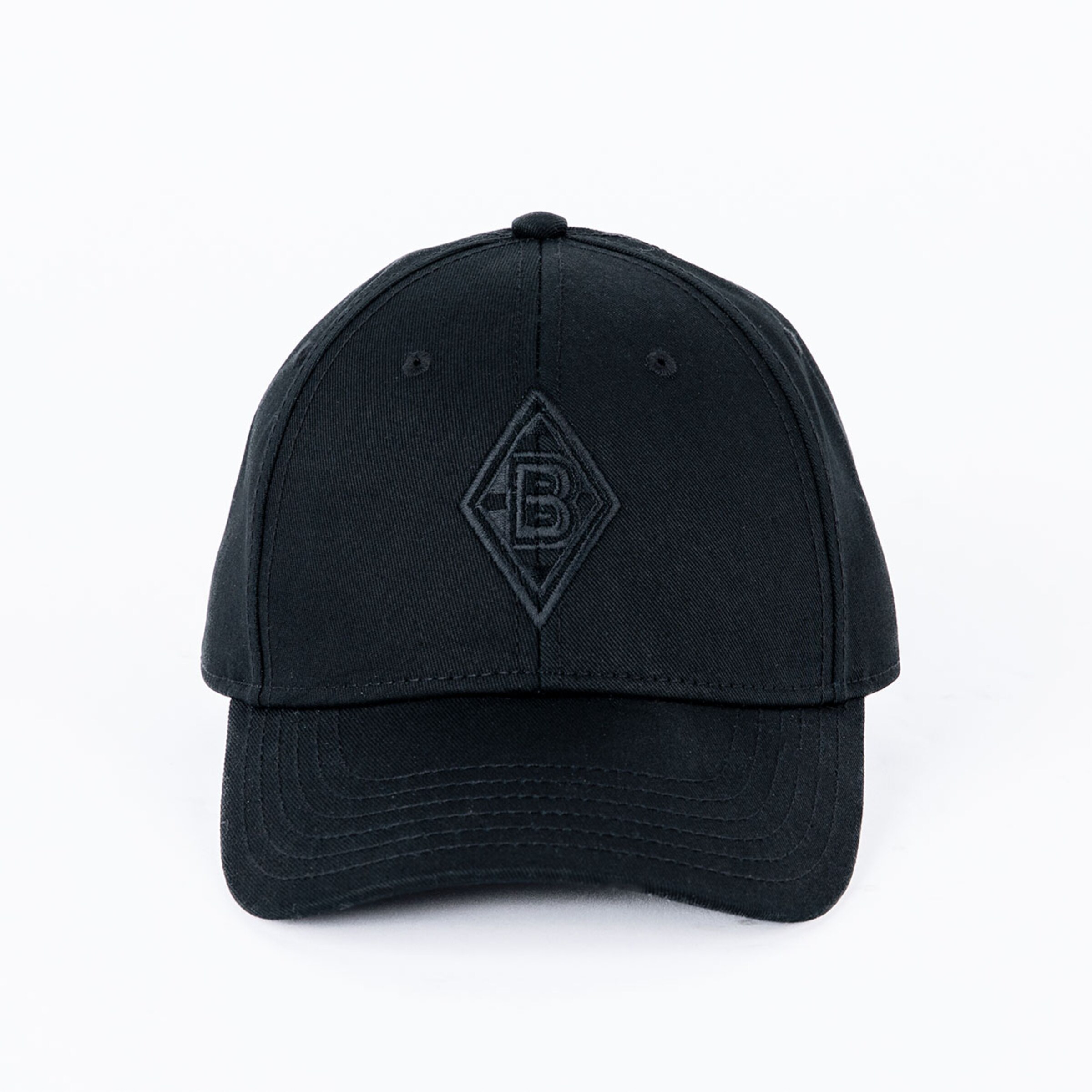 Schwarze Cap mit gesticktem Vereinslogo von Borussia Mönchengladbach.
