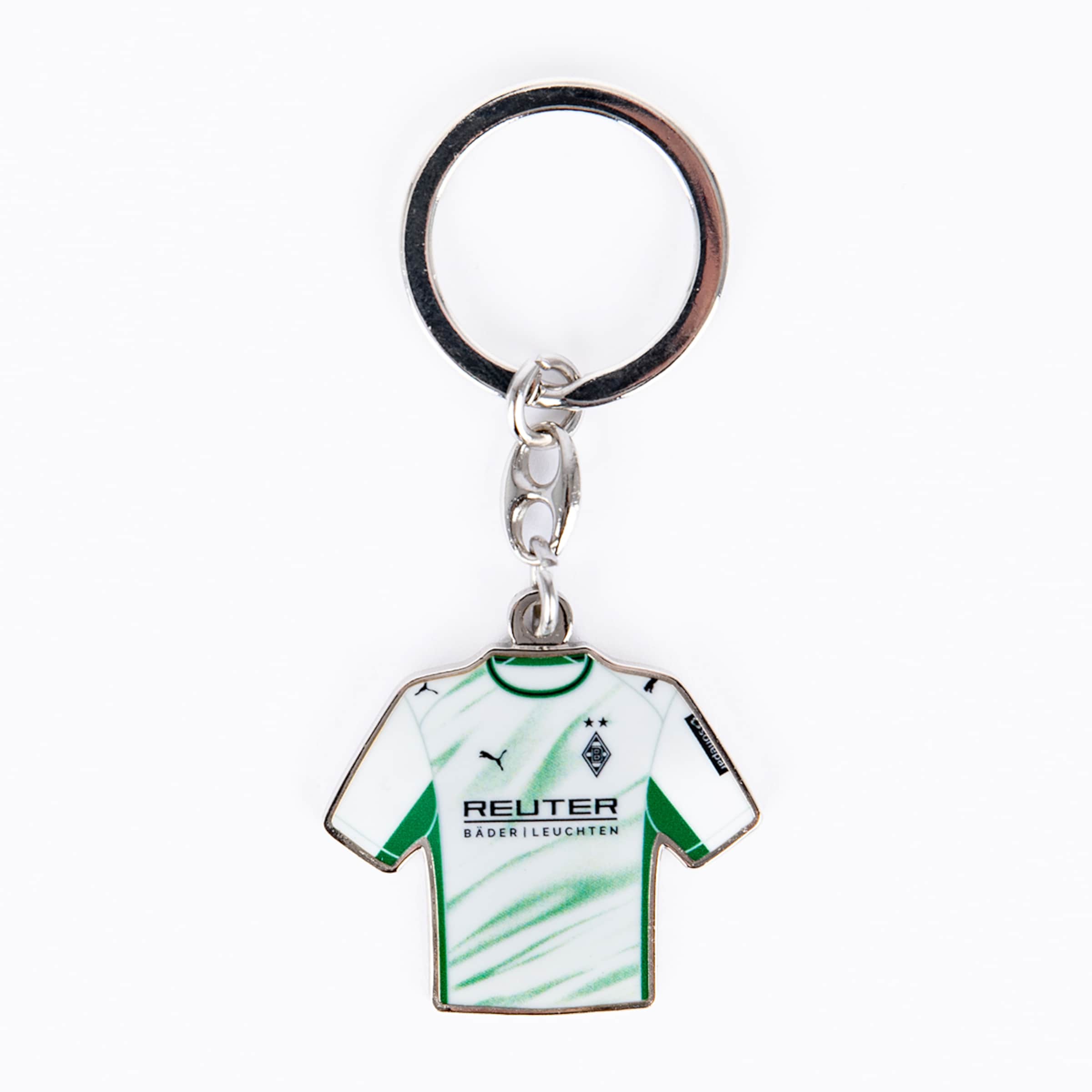 Schlüsselanhänger in Form eines Fußballtrikots von Borussia Mönchengladbach, weiß mit grünen Mustern und Sponsorenlogo.