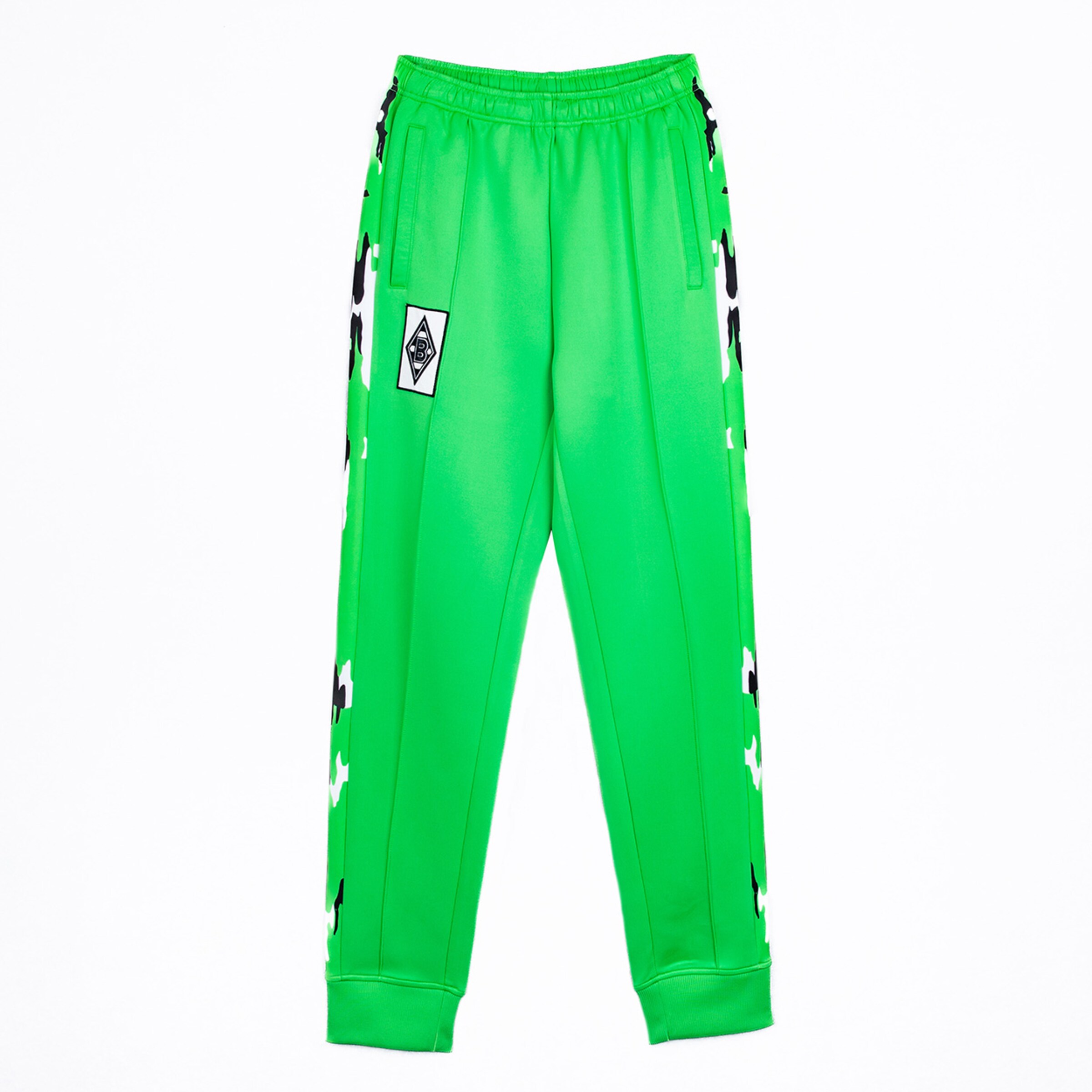 Grüne Sporthose mit seitlichen Reißverschlusstaschen und Borussia Mönchengladbach-Logo.