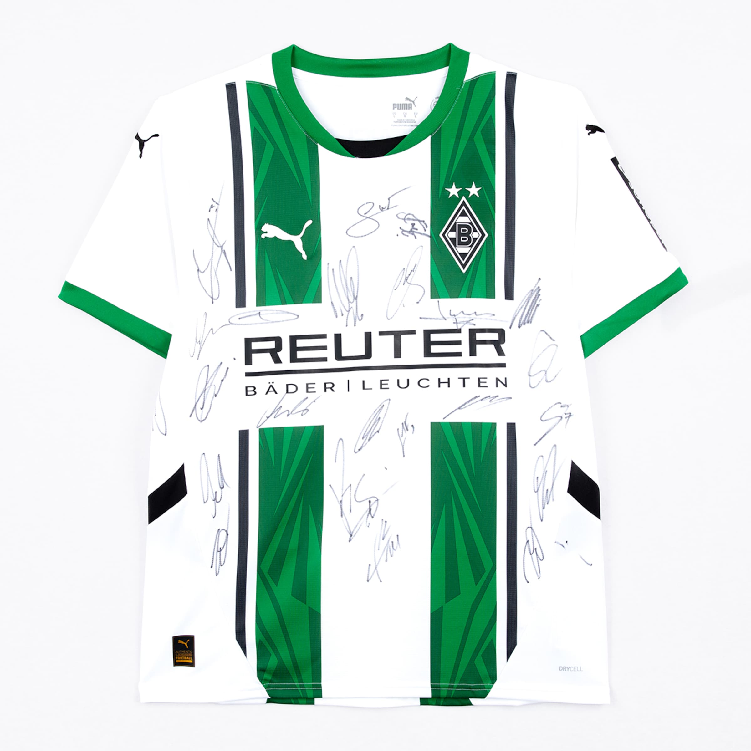 Borussia Mönchengladbach football jersey with green and white stripes signed by players.