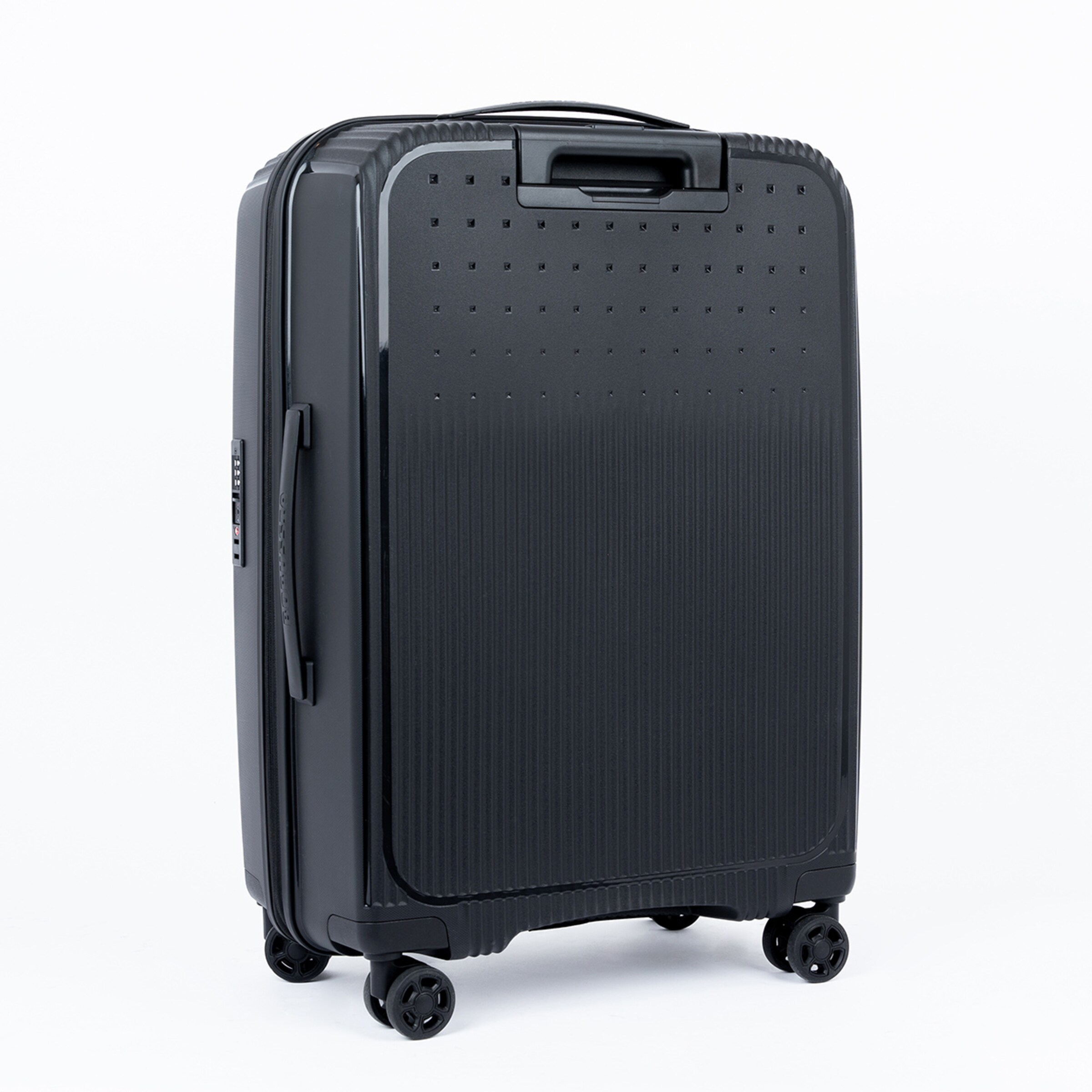 Schwarzer Hartschalenkoffer mit vier Rollen und Teleskopgriff.