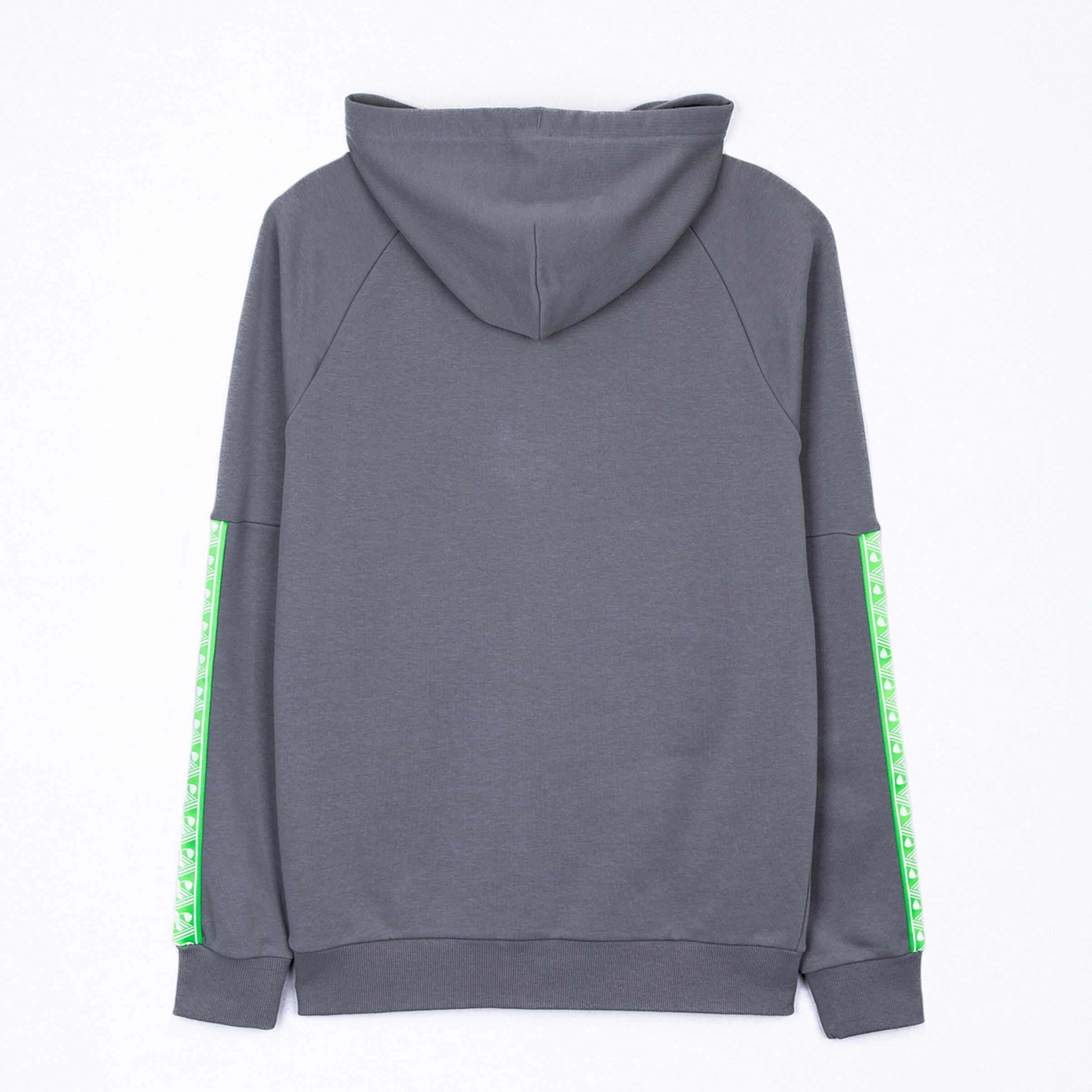 Back view of a grey hoodie with neon green patterned stripes on the sleeves, hood, and ribbed cuffs against a white background.