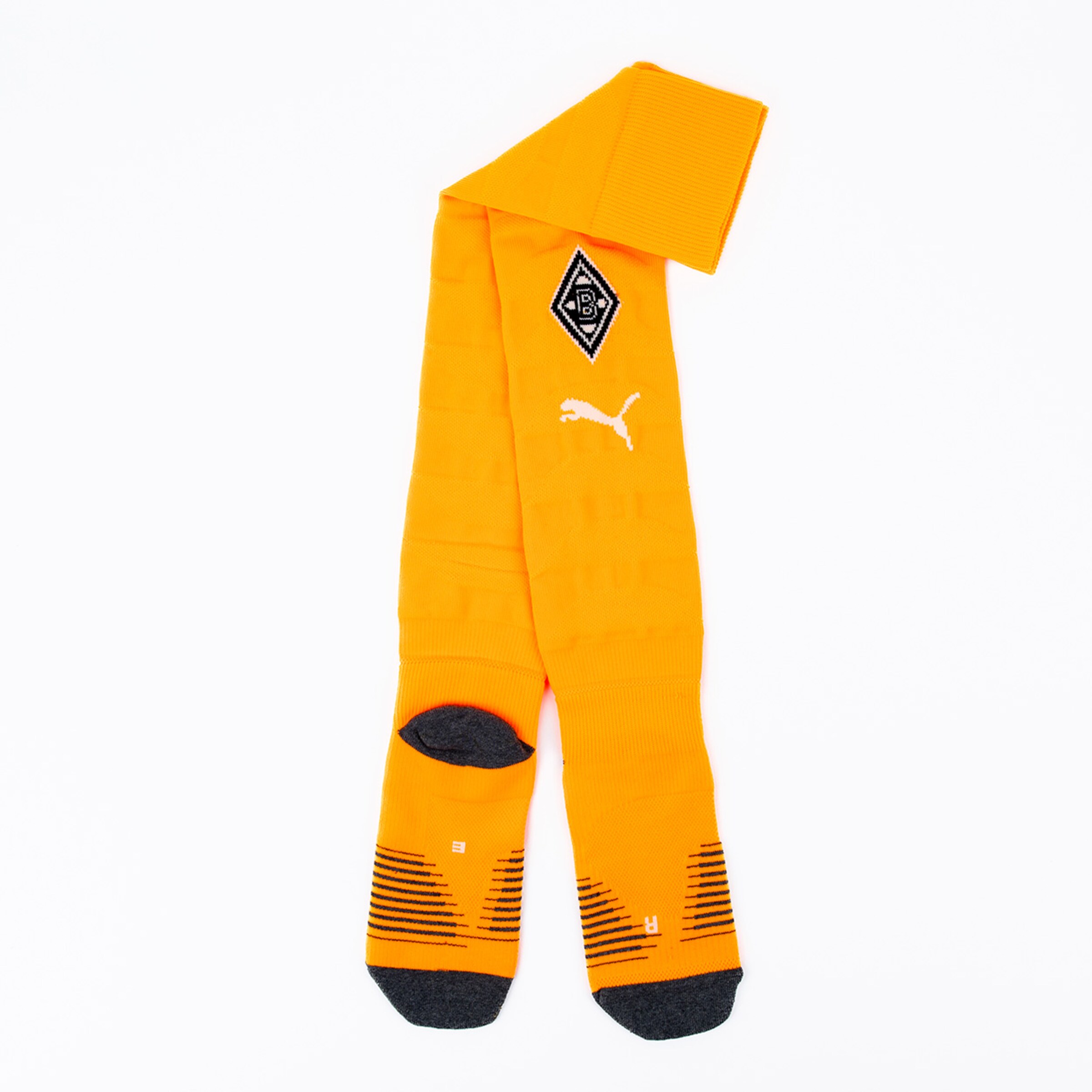 Orangefarbene Socken mit schwarzen Details und Logo von Borussia Mönchengladbach.