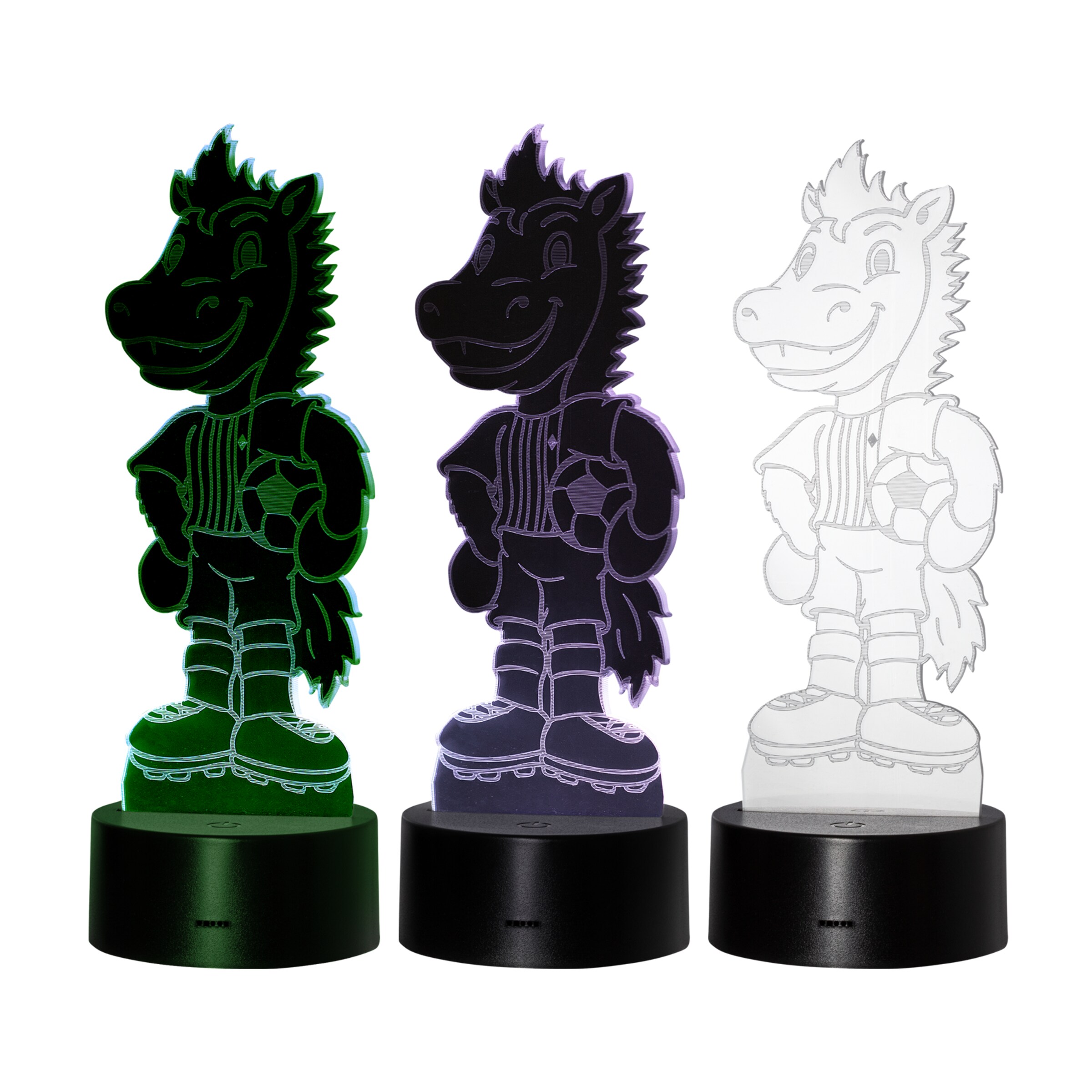 Drei LED-Nachtlichter in Form des Borussia Mönchengladbach-Maskottchens Jünter.