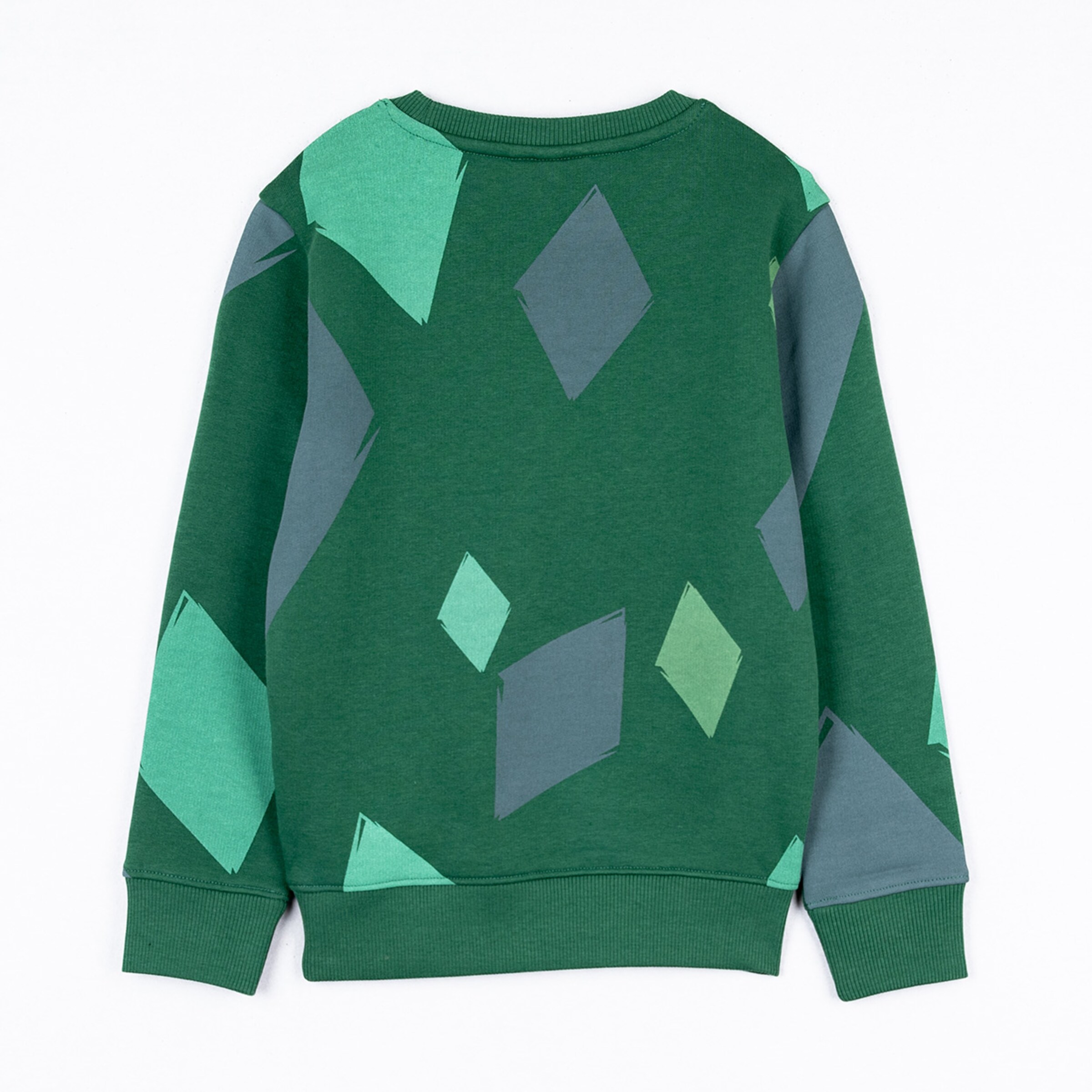 Grüne Sweatshirt-Rückseite mit variierenden Rautenmustern in unterschiedlichen Grün- und Grautönen.