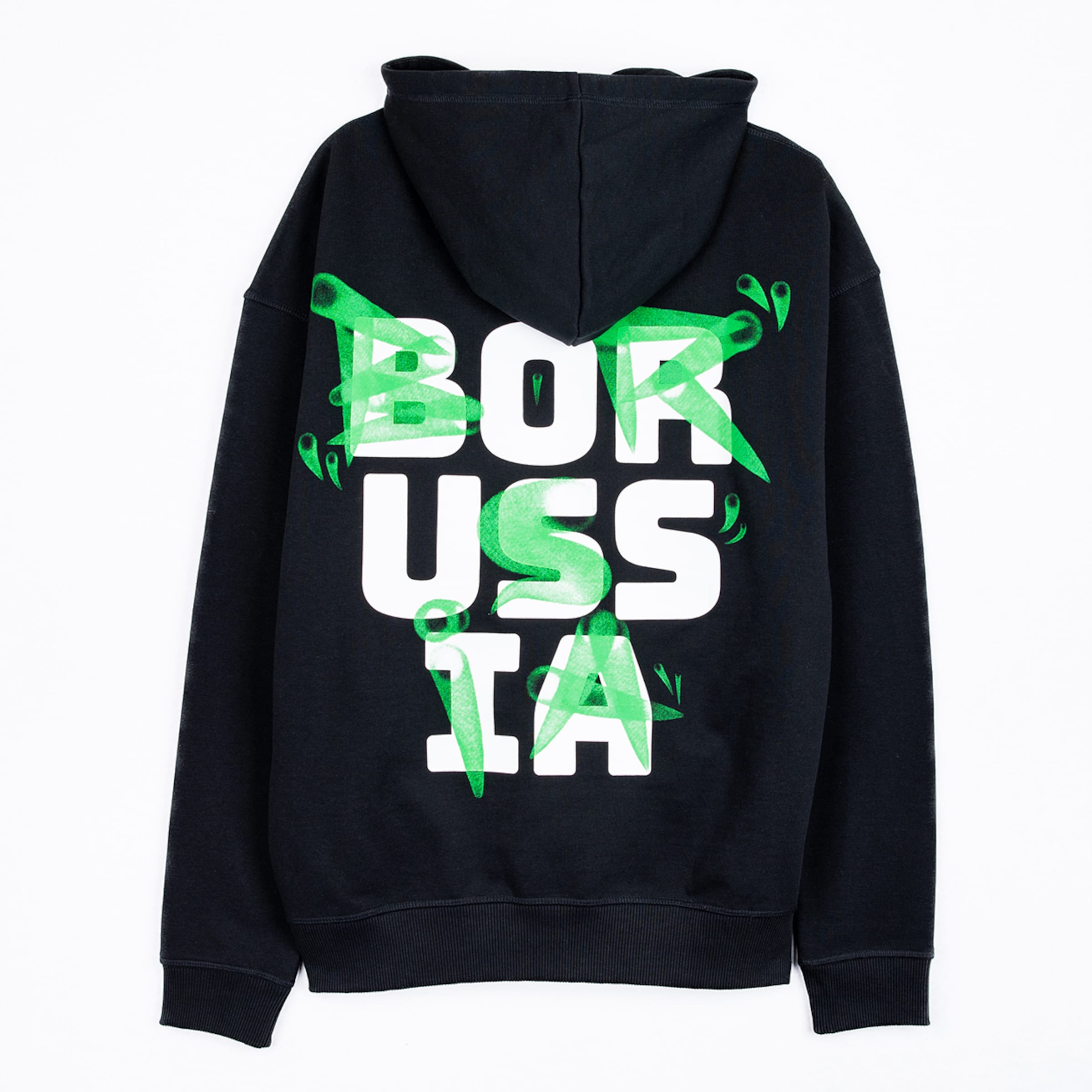 Schwarzer Hoodie mit weißem „BORUSSIA“-Schriftzug in Blockbuchstaben, überlagert von grünen, spray-ähnlichen Grafiken.