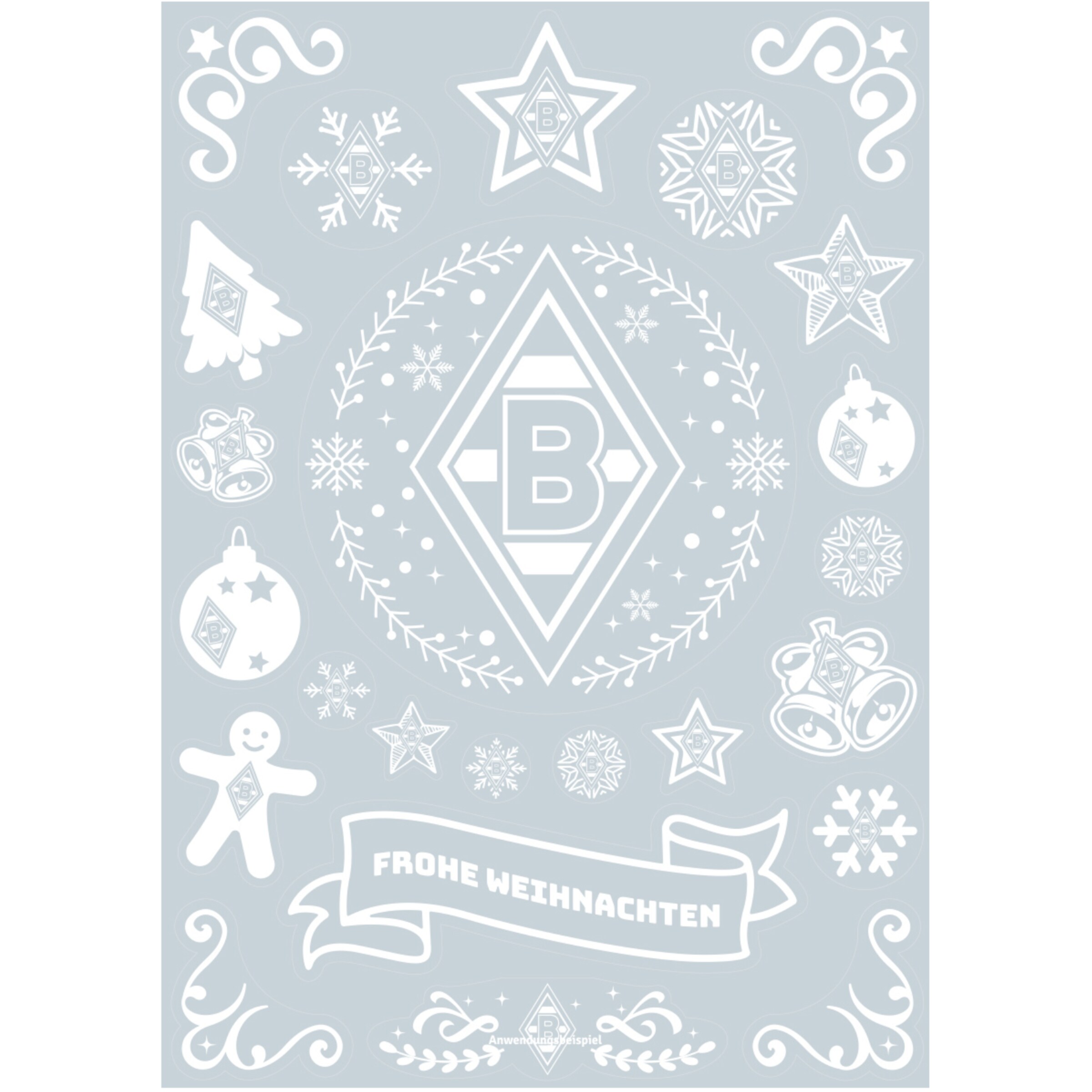 Ein weihnachtliches Design mit dem Borussia Mönchengladbach Logo Schneeflocken Sternen und einem Banner das FROHE WEIHNACHTEN sagt.