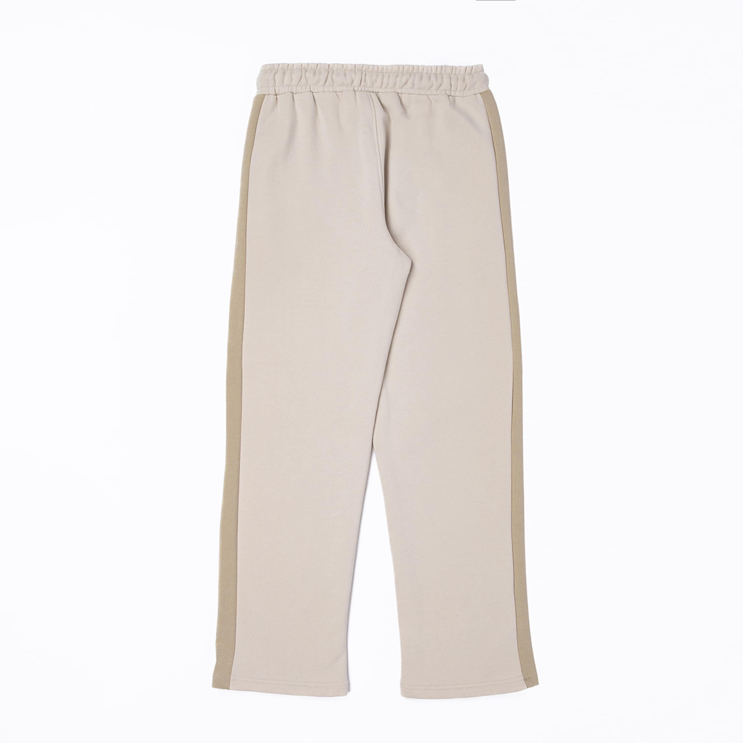 A pair of light beige track pants featuring a ruched elastic waistband and a contrasting beige stripe running down each side seam from waist to hem. The trousers have a relaxed, straight-leg fit.