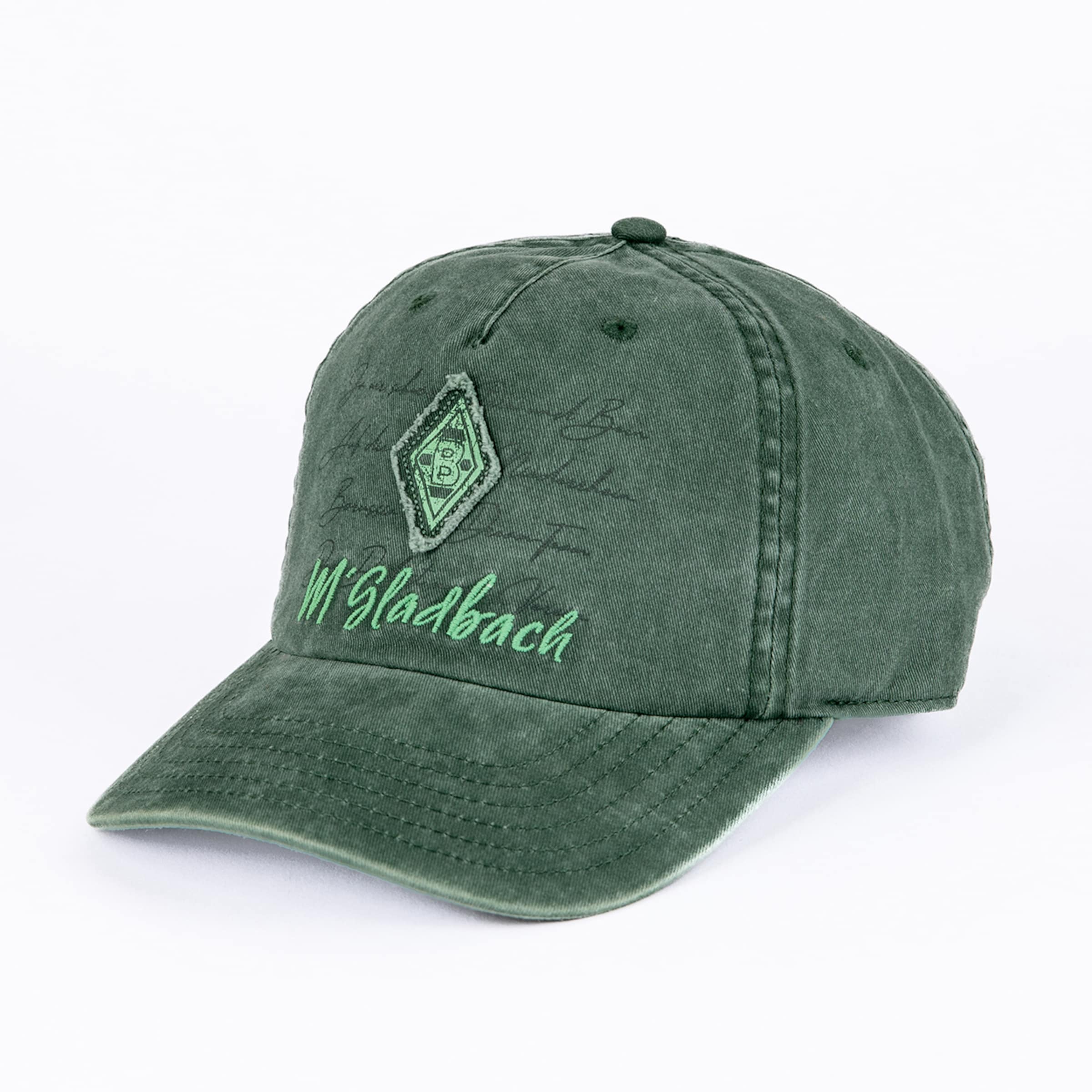 Dunkelgrüne Cap im Vintage-Look mit Borussia Mönchengladbach Rauten-Patch und hellgrünem „M’Gladbach“-Schriftzug auf weißem Hintergrund.