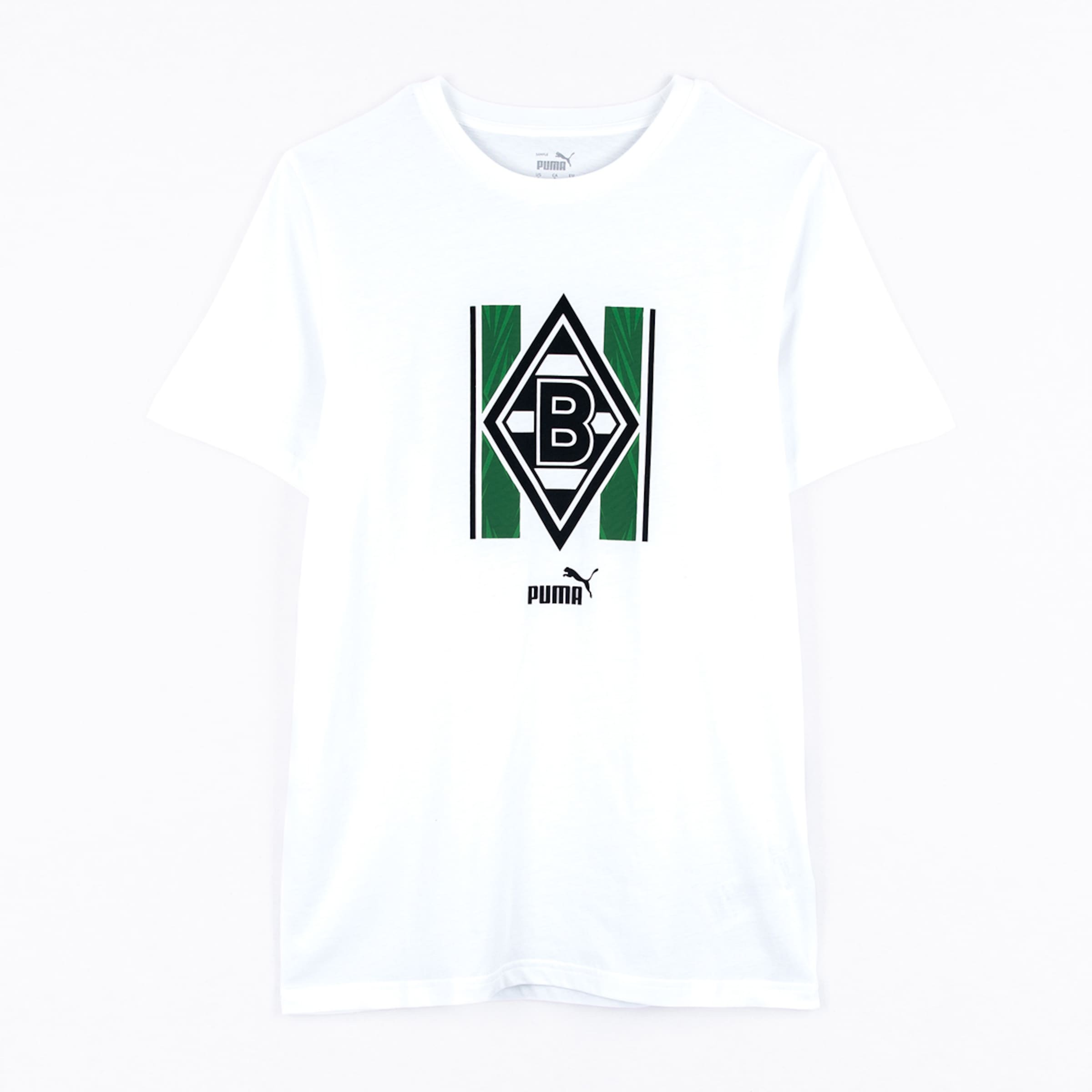 Weißes T-Shirt mit Borussia Mönchengladbach Logo und Puma Schriftzug.