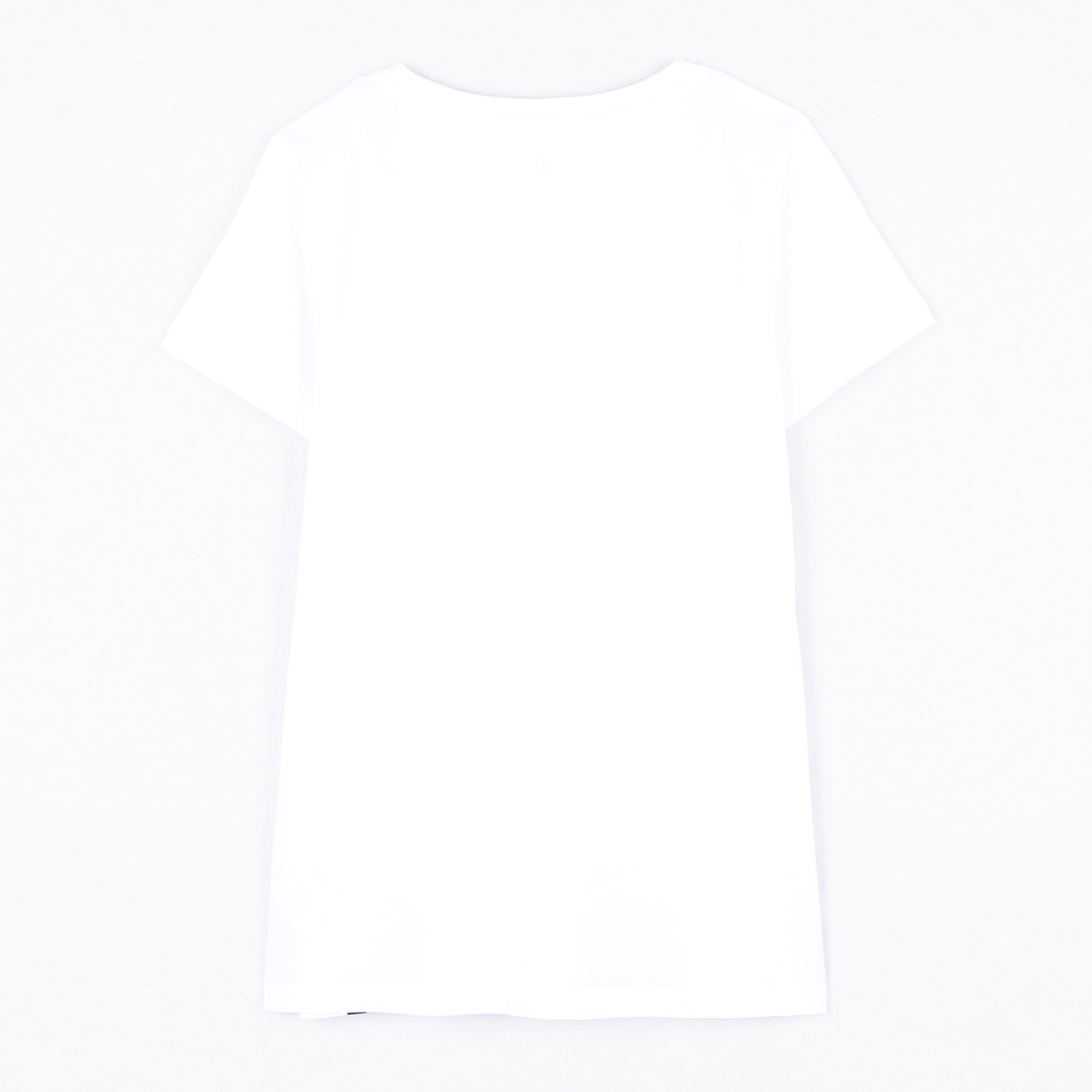 Back view of a plain white t-shirt without any prints or details.