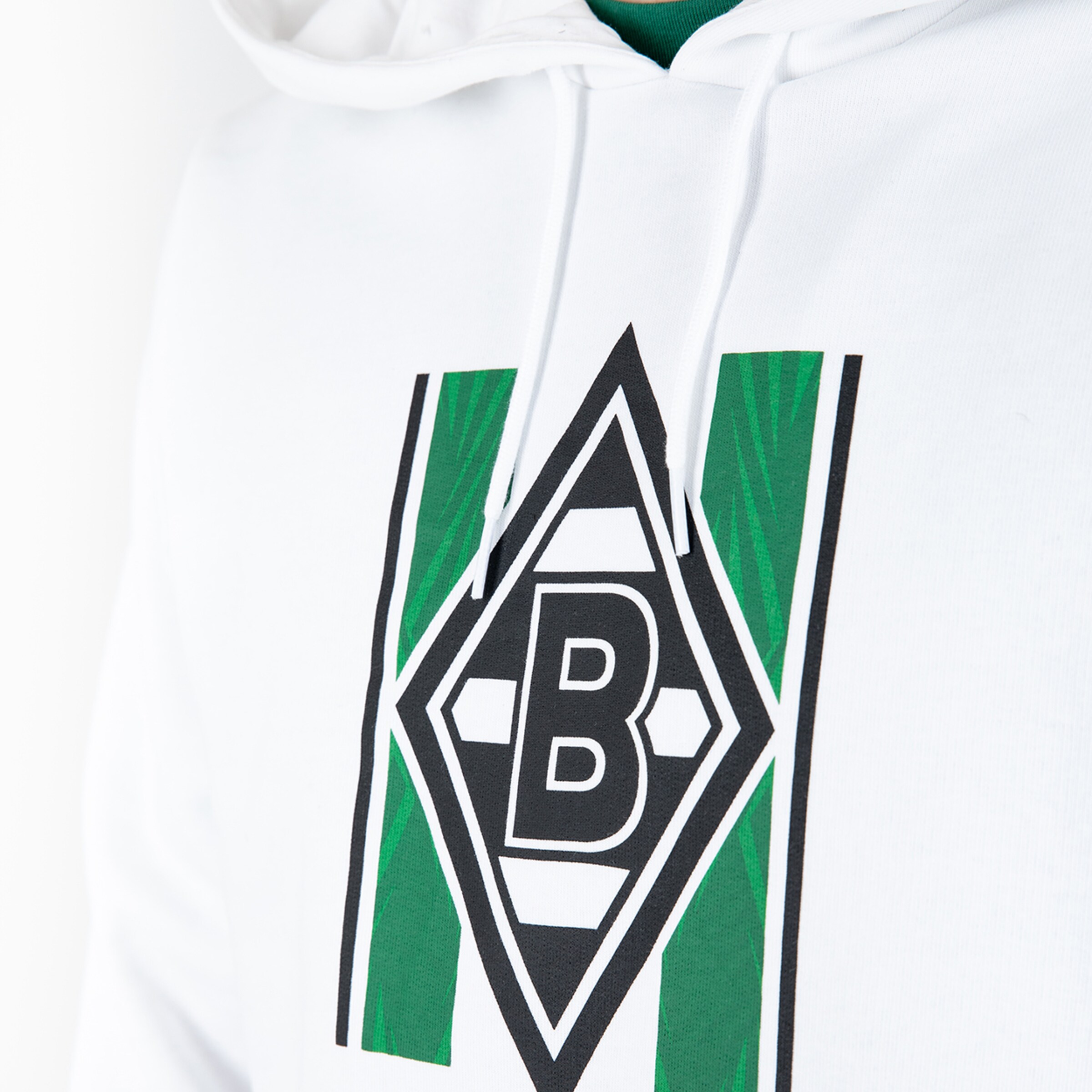 White hoodie featuring Borussia Mönchengladbach logo and graphic elements.