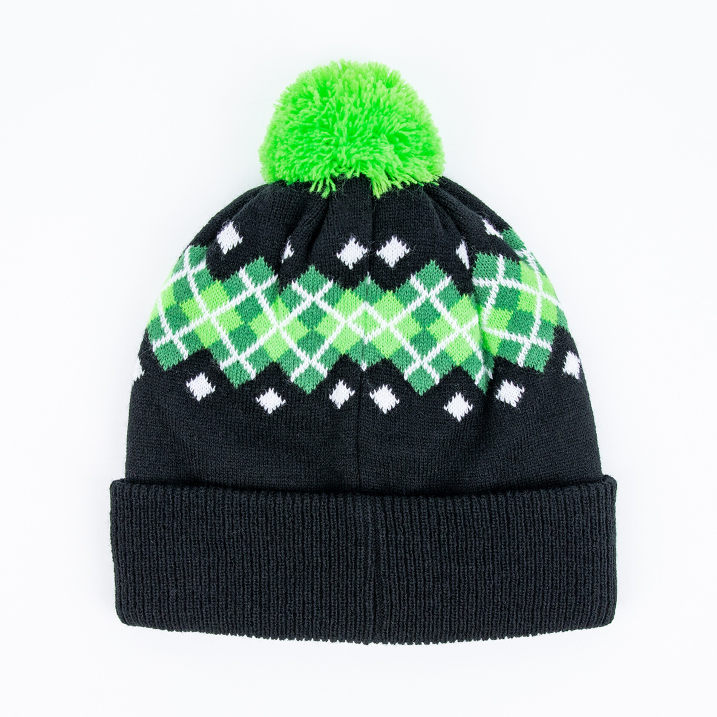 Black hat with a green pom-pom and a checkered pattern in green and white.