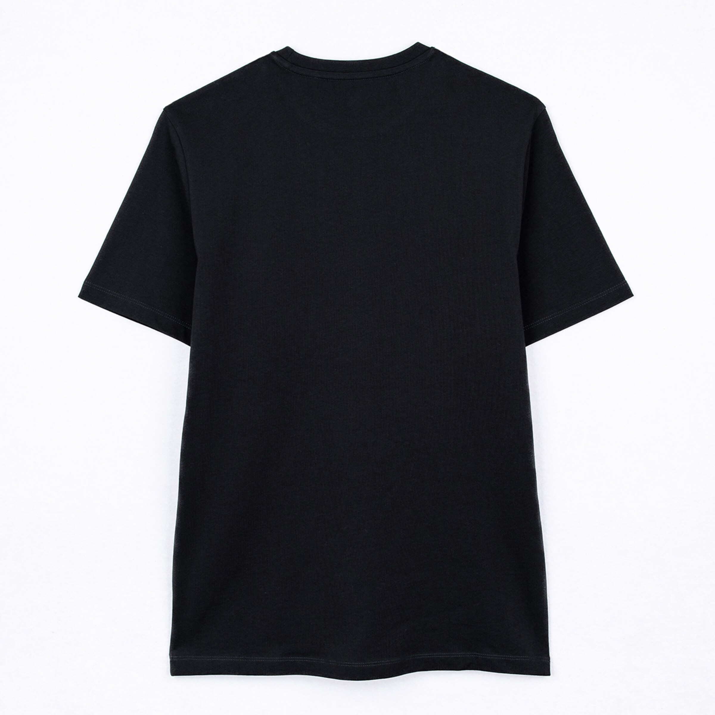 Back view of a plain black short-sleeved t-shirt with a crew neck, laid flat against a white background.