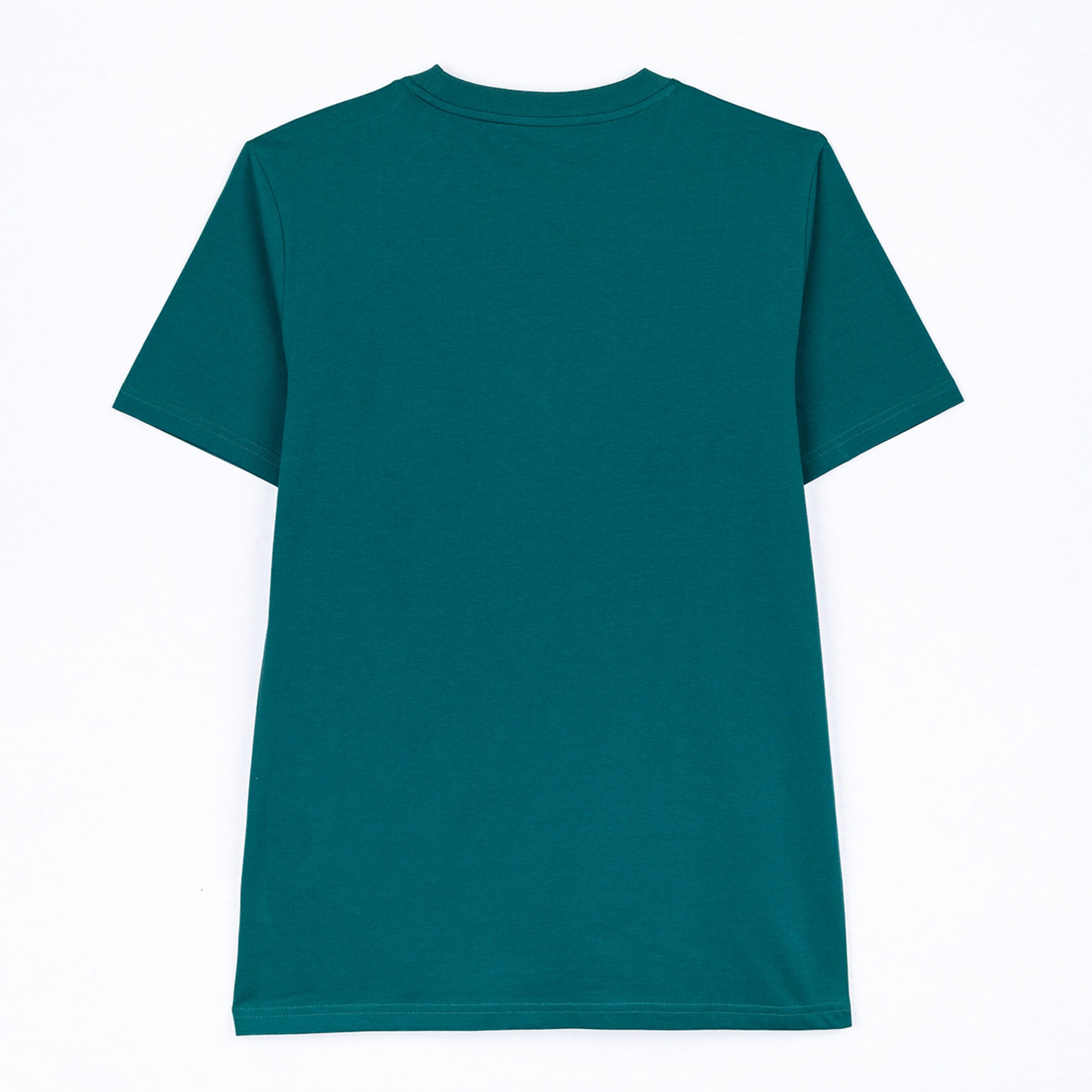 Rückseite eines schlichten, dunkeltürkisen Kurzarm-T-Shirts mit Rundhalsausschnitt, flach auf weißem Grund abgebildet.