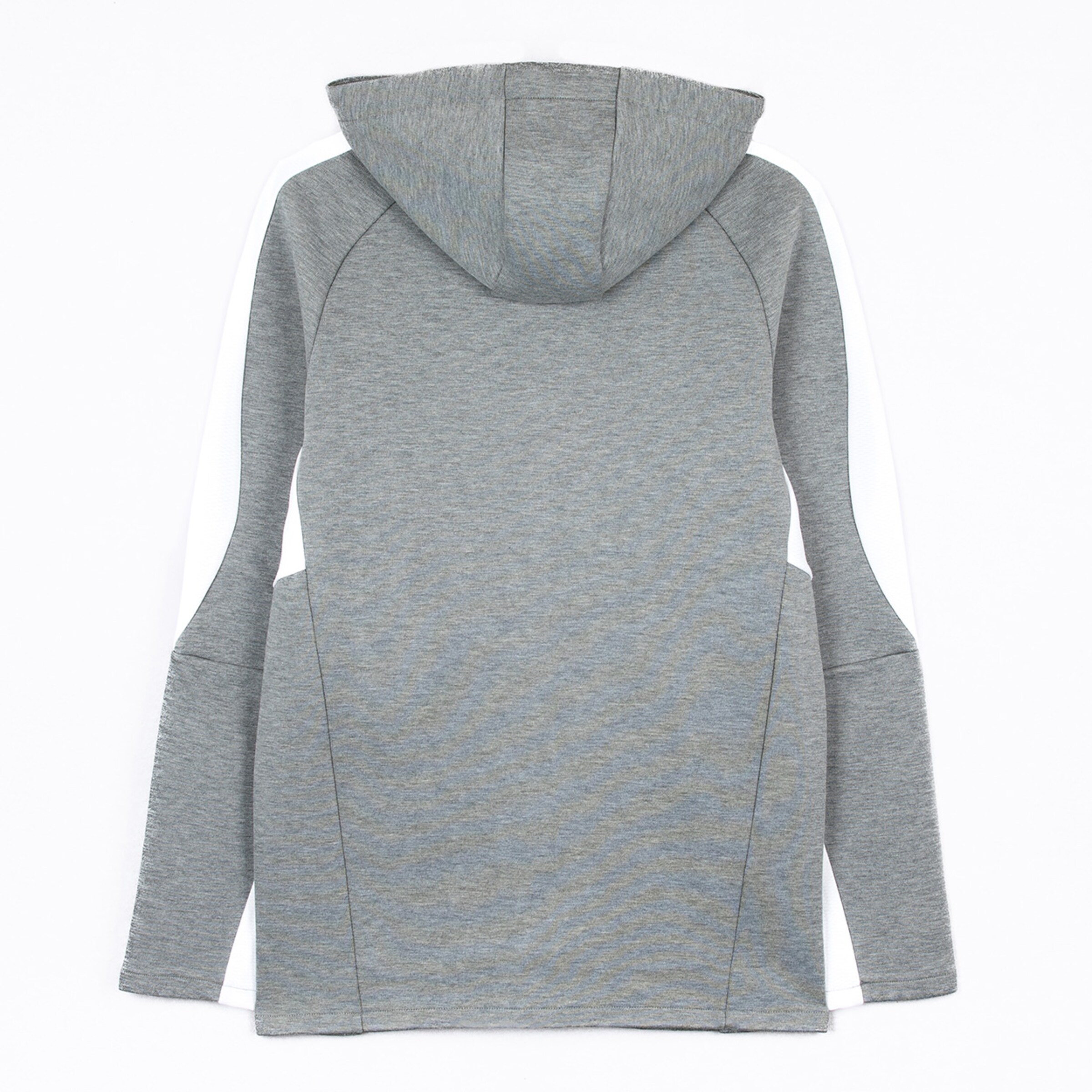 Grau-weißer Hoodie mit Kapuze Rückansicht.