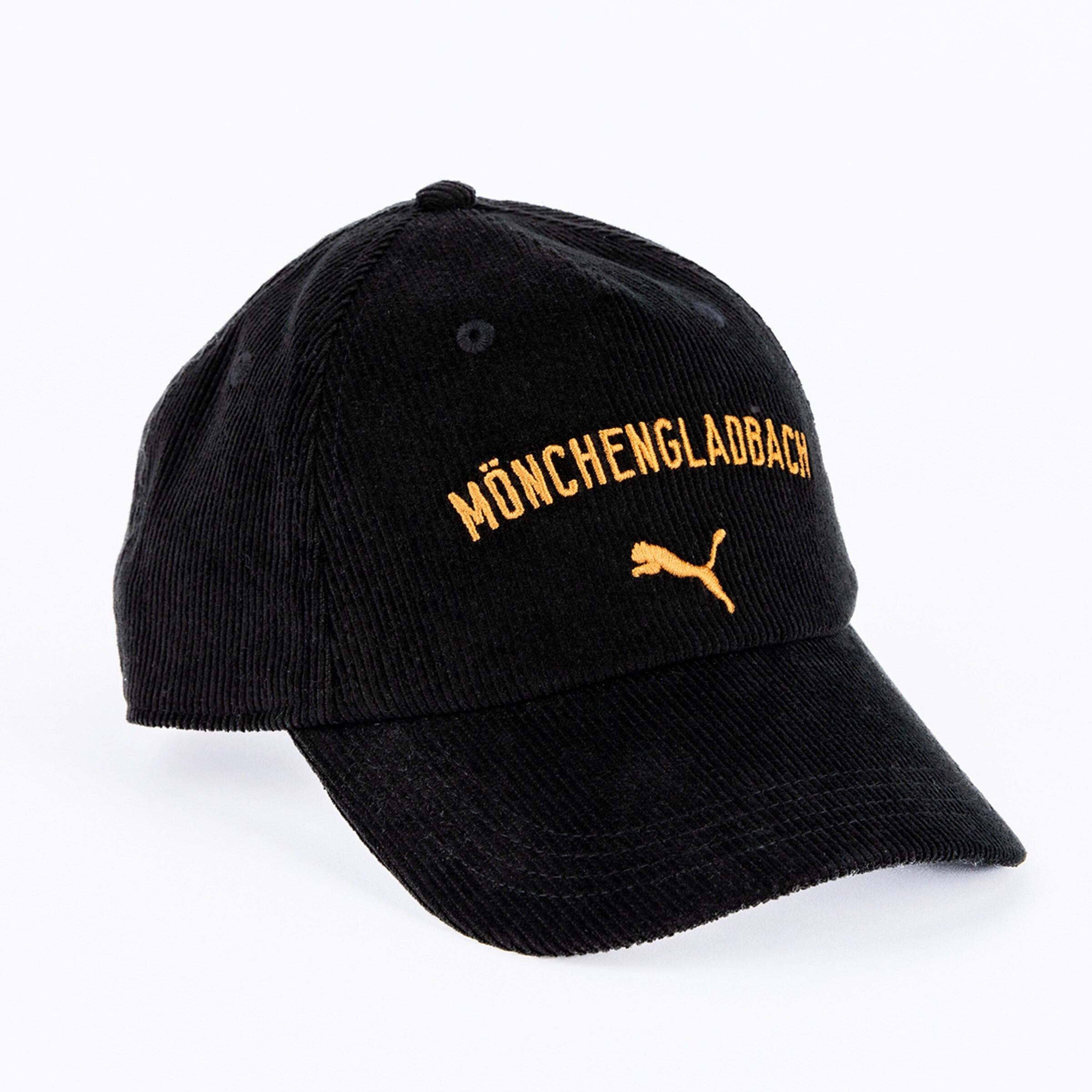 Schwarze Cord-Kappe mit goldenem Stickzug „MÖNCHENGLADBACH“ und Puma-Logo auf der Vorderseite.