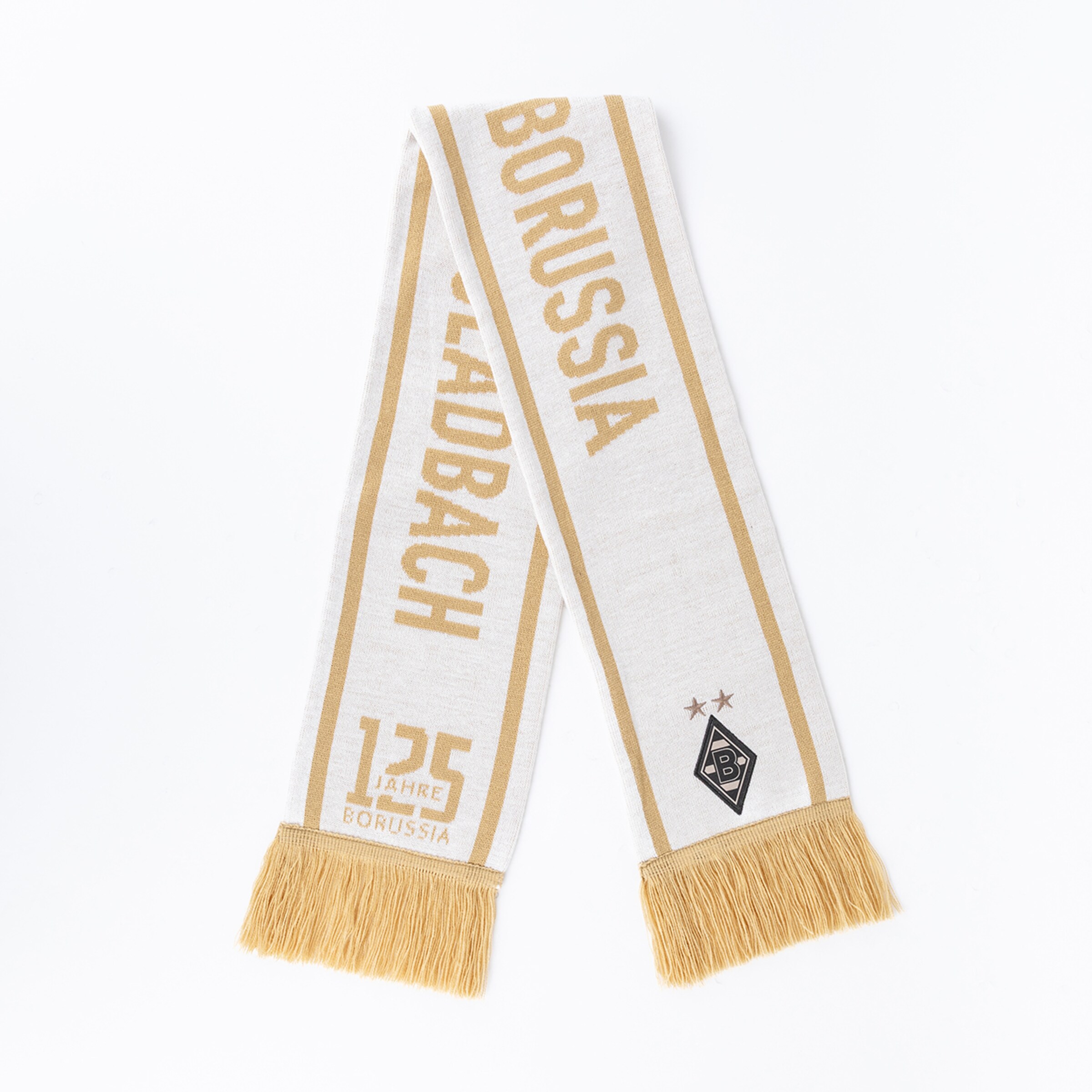Weiß-goldener Borussia Mönchengladbach Fanschal zum 125. Jubiläum mit Vereinslogo und Schriftzug „125 JAHRE BORUSSIA“.