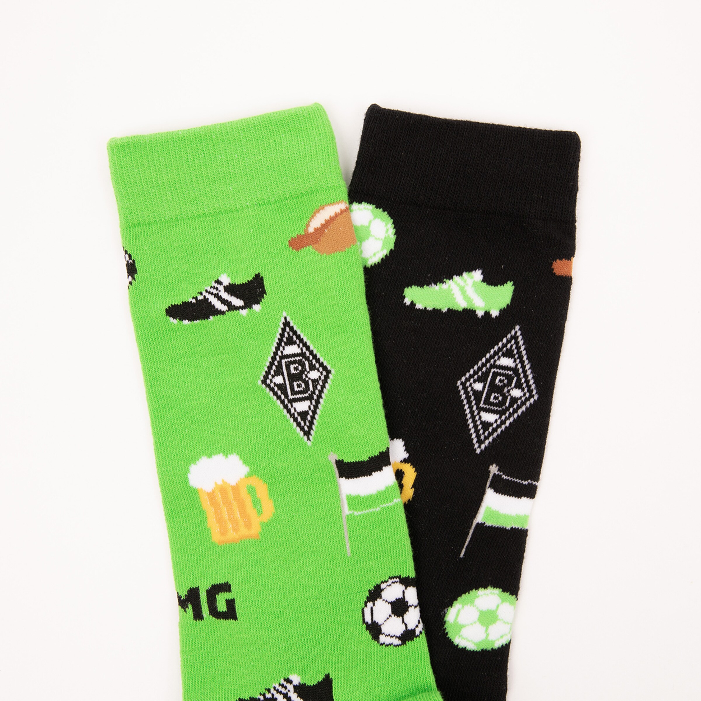 Green and black socks featuring football-themed designs such as beer football shoes and fan flags.