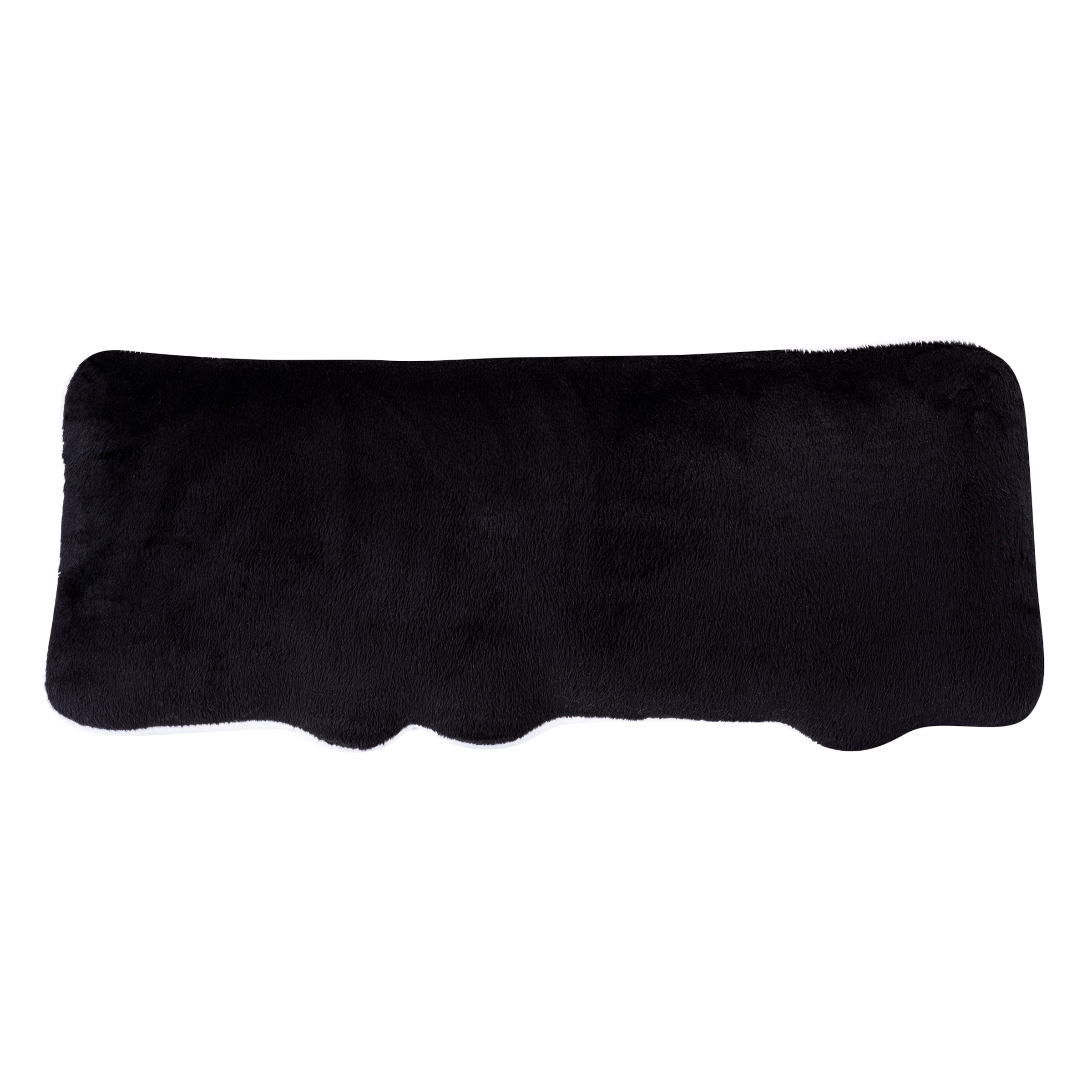 Schwarze, flauschige Armaturenbrett-Abdeckung aus Plüsch mit konturierter Unterseite vor weißem Hintergrund.