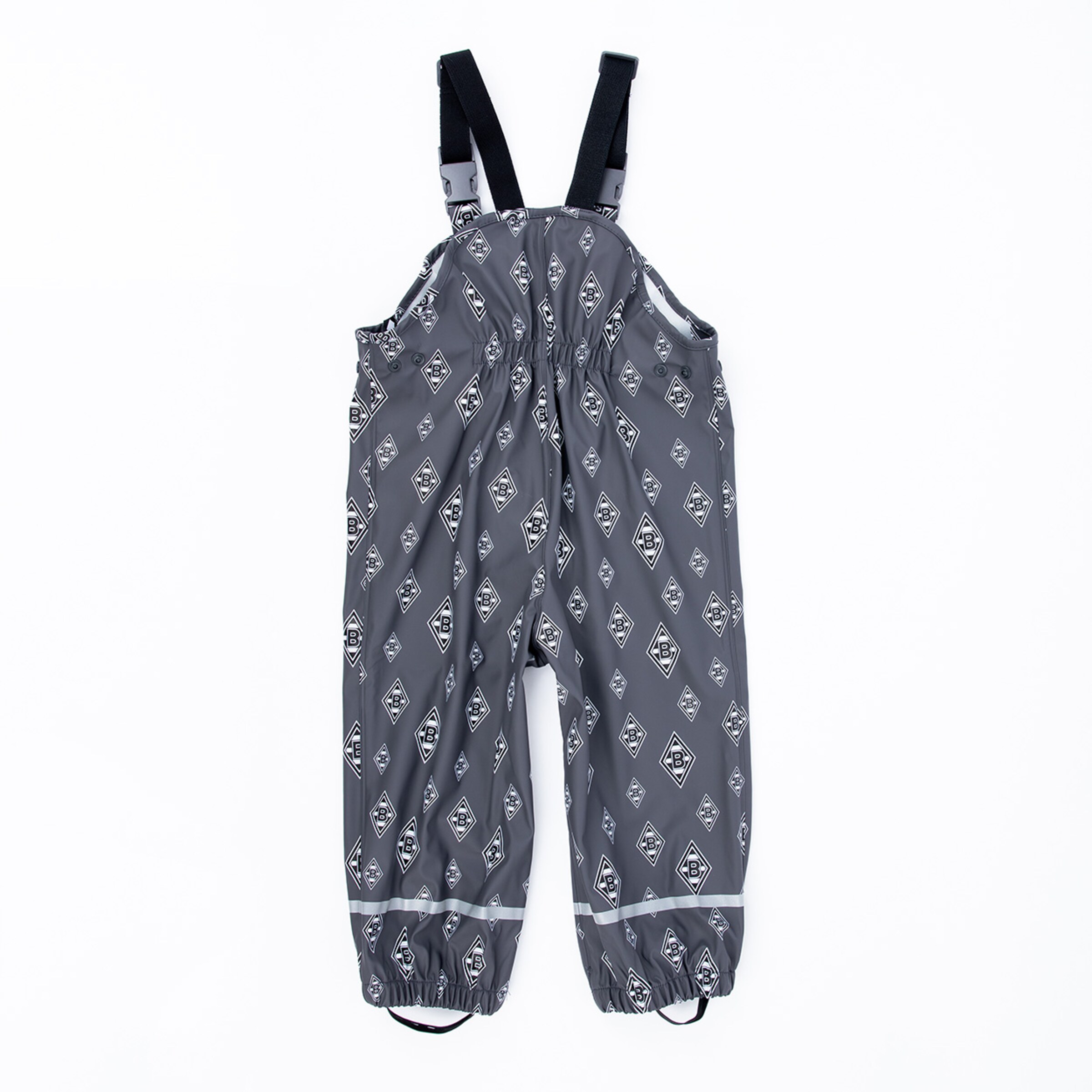 Grau gestreifte Regenoverall mit Latz und reflektierenden Streifen.