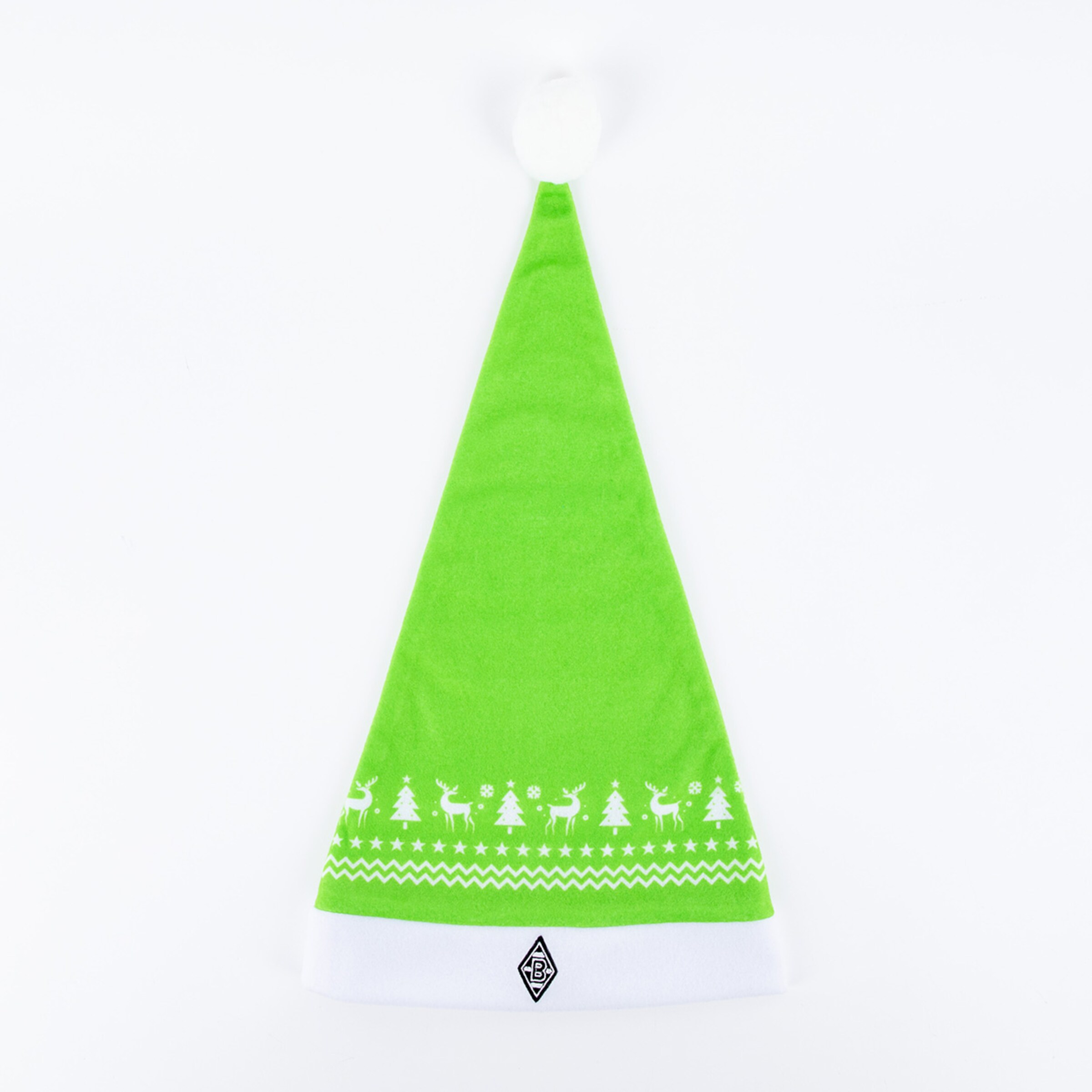 Grüne Weihnachtsmütze mit weißem Rand und Weihnachtsmotiven.