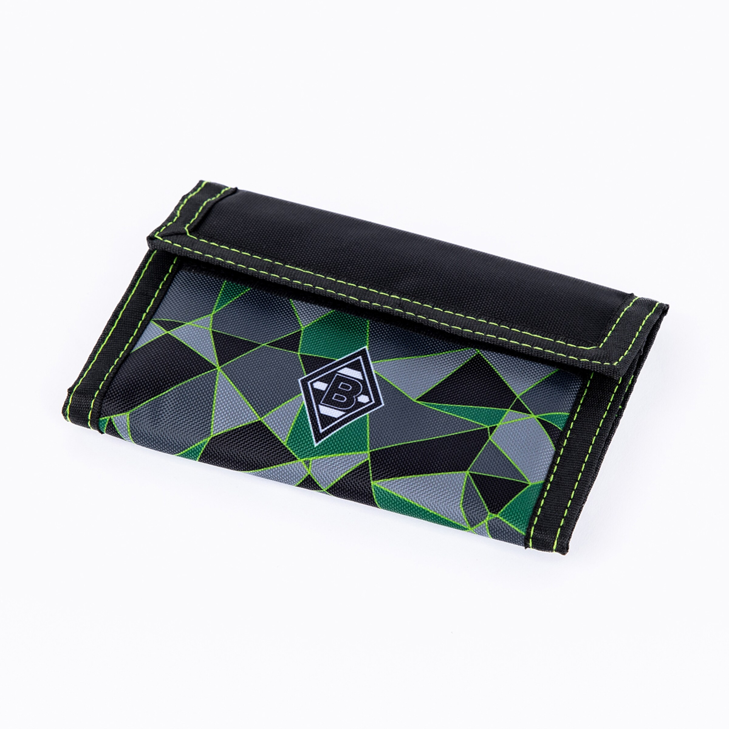 A black, grey, and green wallet featuring a geometric pattern and a black flap with vibrant green stitching, showcasing the Borussia Mönchengladbach logo, rests diagonally on a white background.