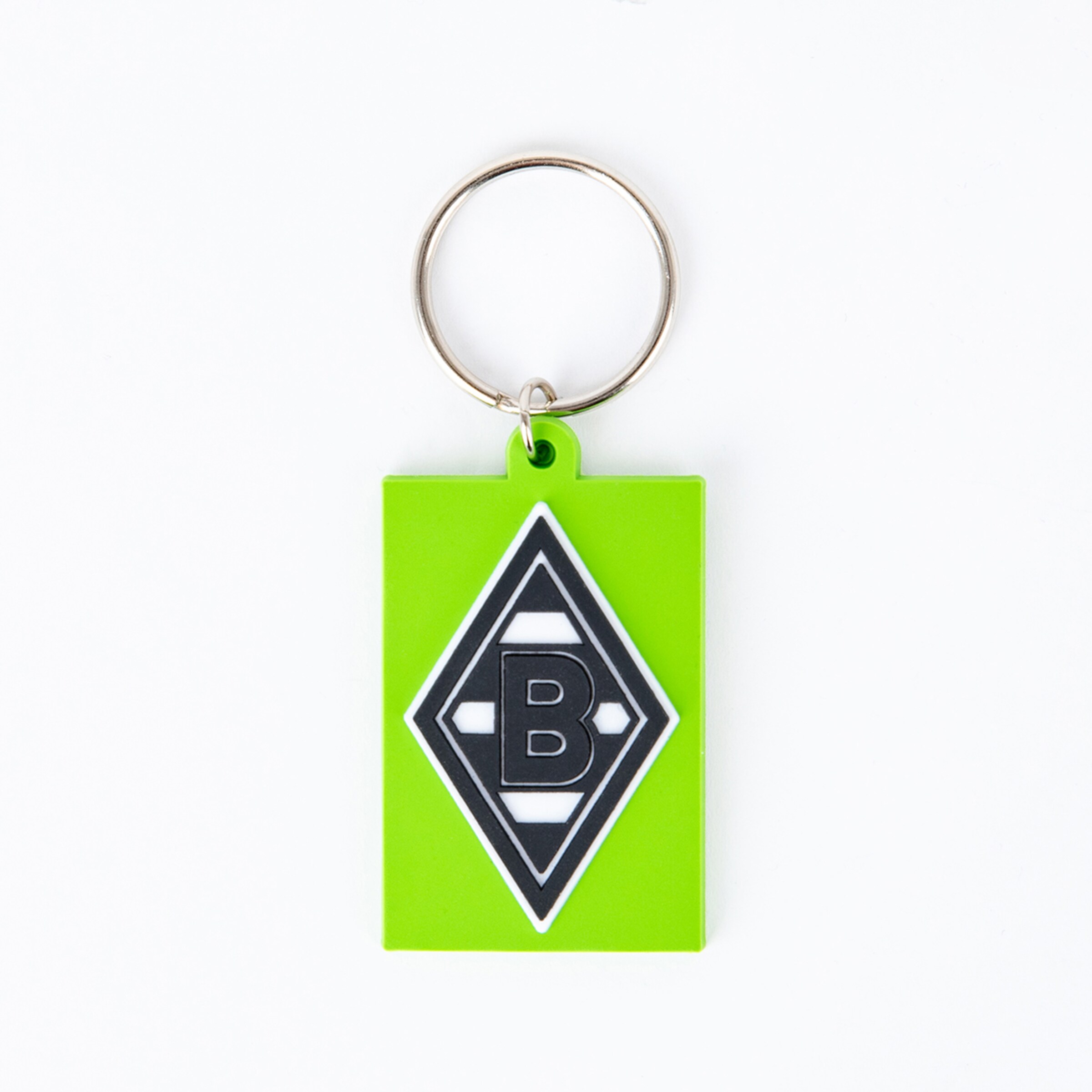 Schlüsselanhänger mit dem Logo von Borussia Mönchengladbach auf grünem Hintergrund.