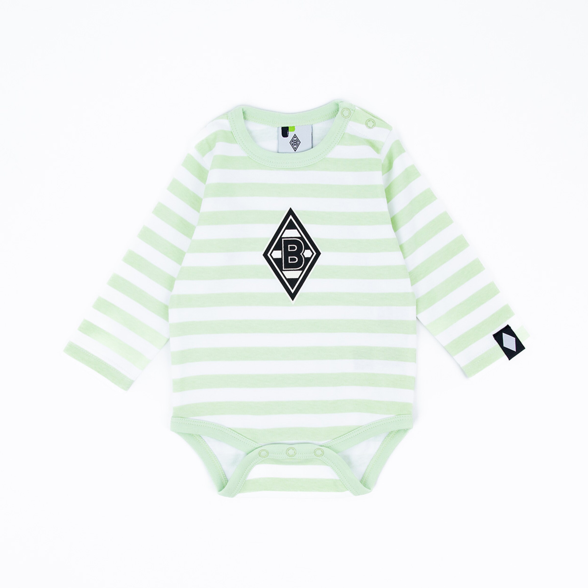 Grün-weiß gestreifter Babybody mit Borussia Mönchengladbach Logo.