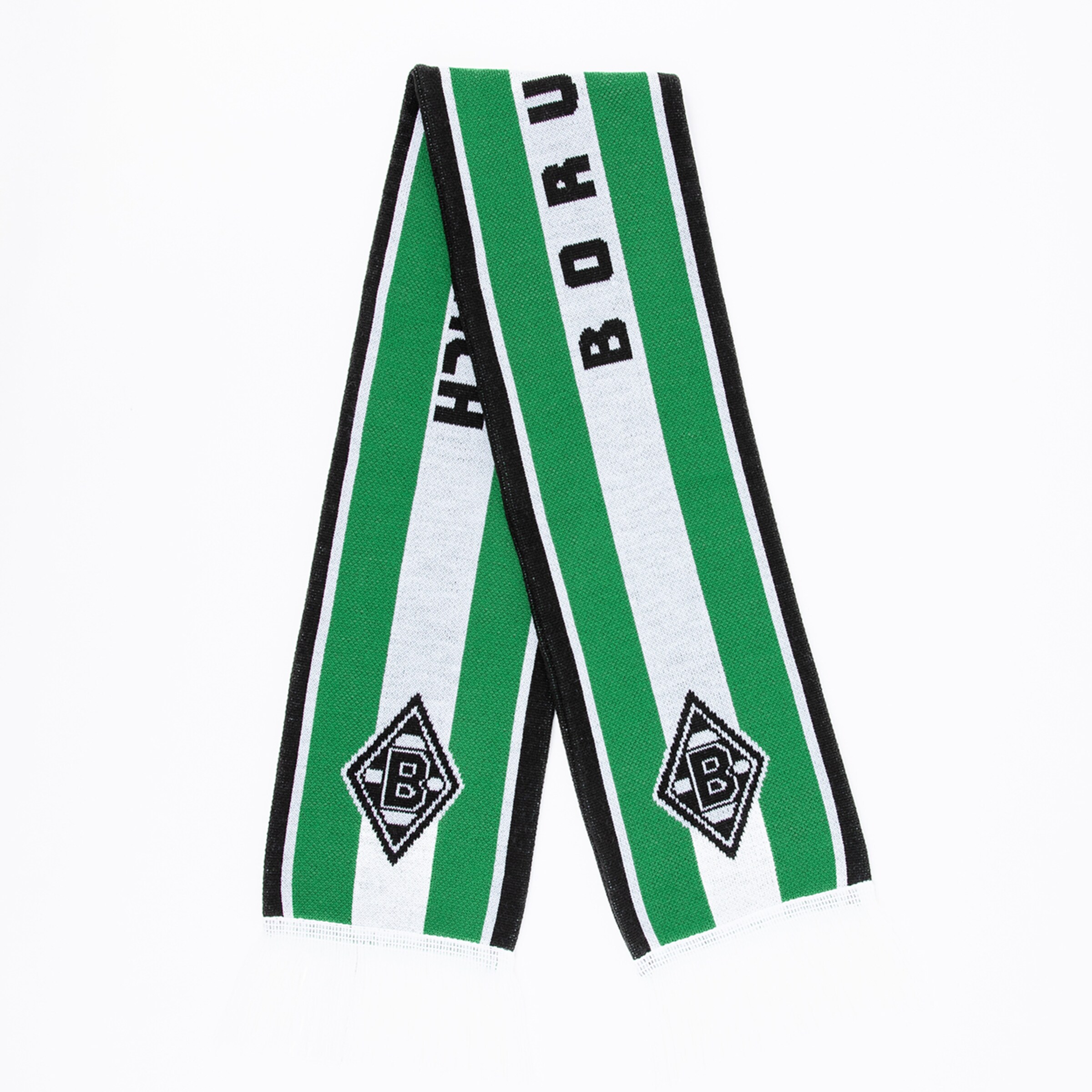 Grün-weißer Schal mit Borussia Mönchengladbach-Schriftzug und Diamant-Logo.