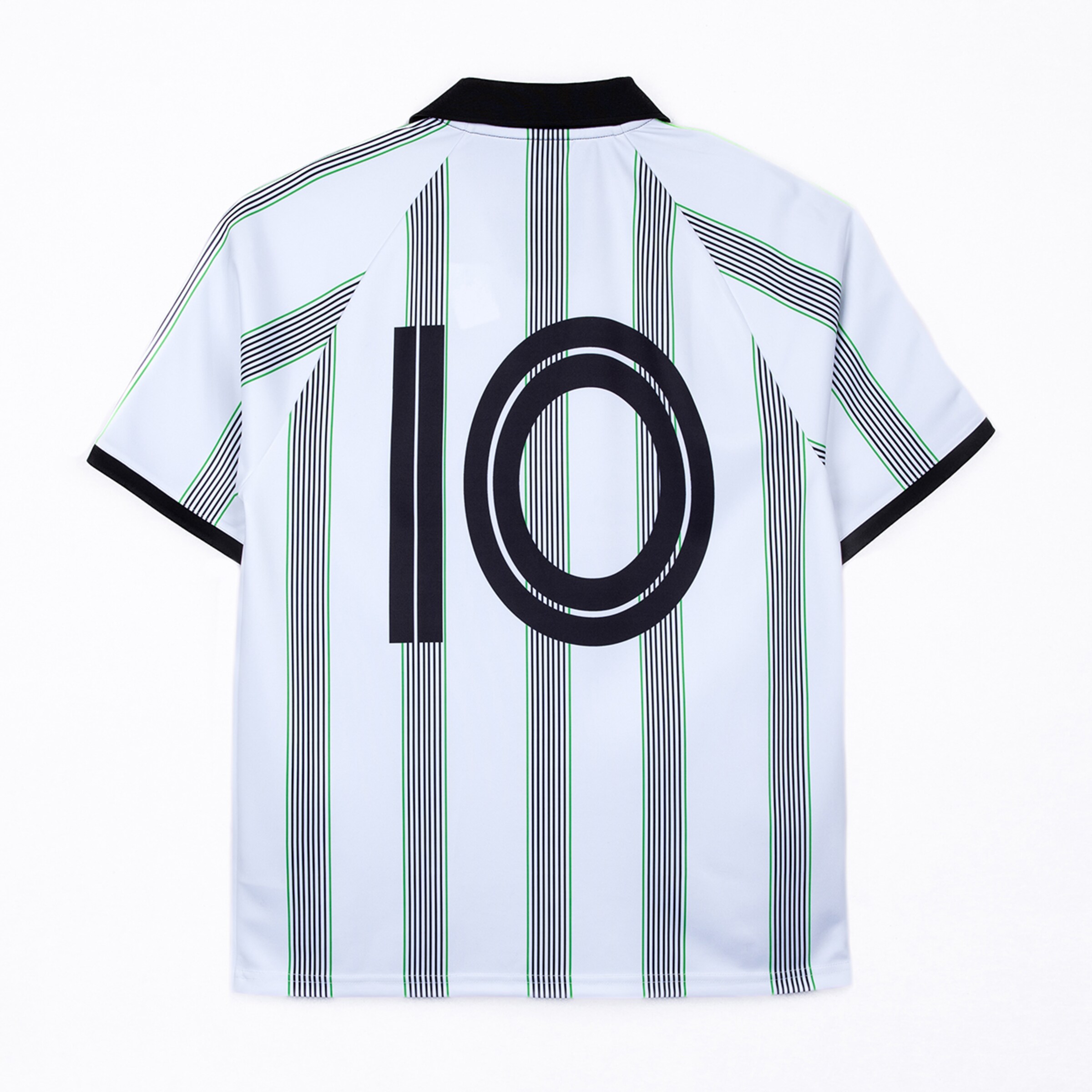 Back of a white football jersey featuring vertical black and green stripes and a large black number 10.
