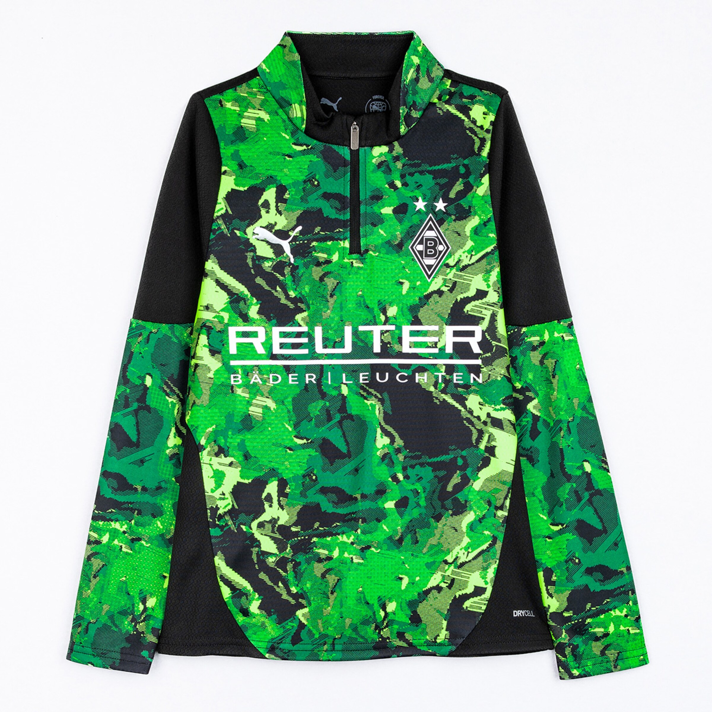 Grüne Trainingsjacke von Borussia Mönchengladbach mit Reißverschluss und Logo.