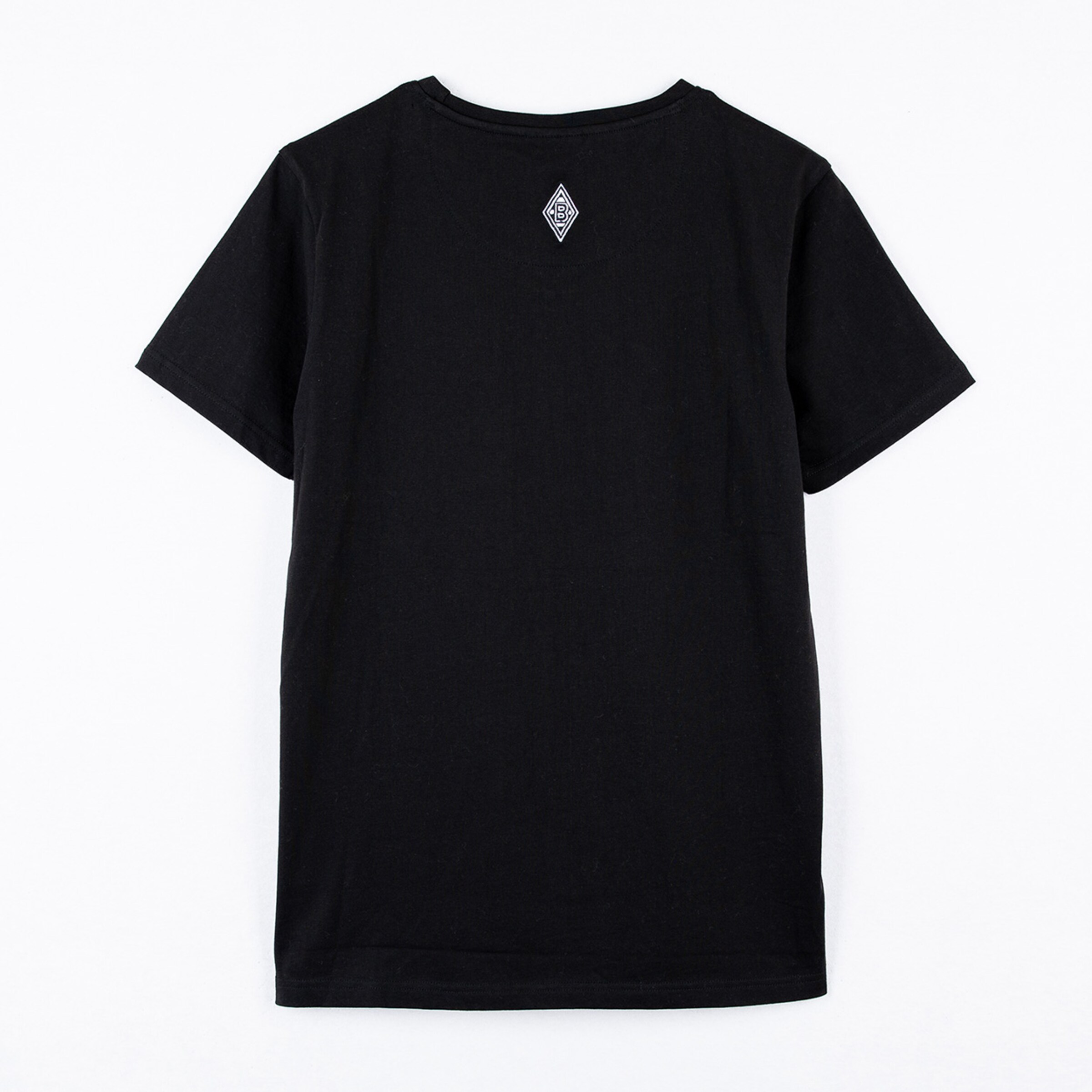 Schwarzes T-Shirt mit runden Kragen Rückansicht.