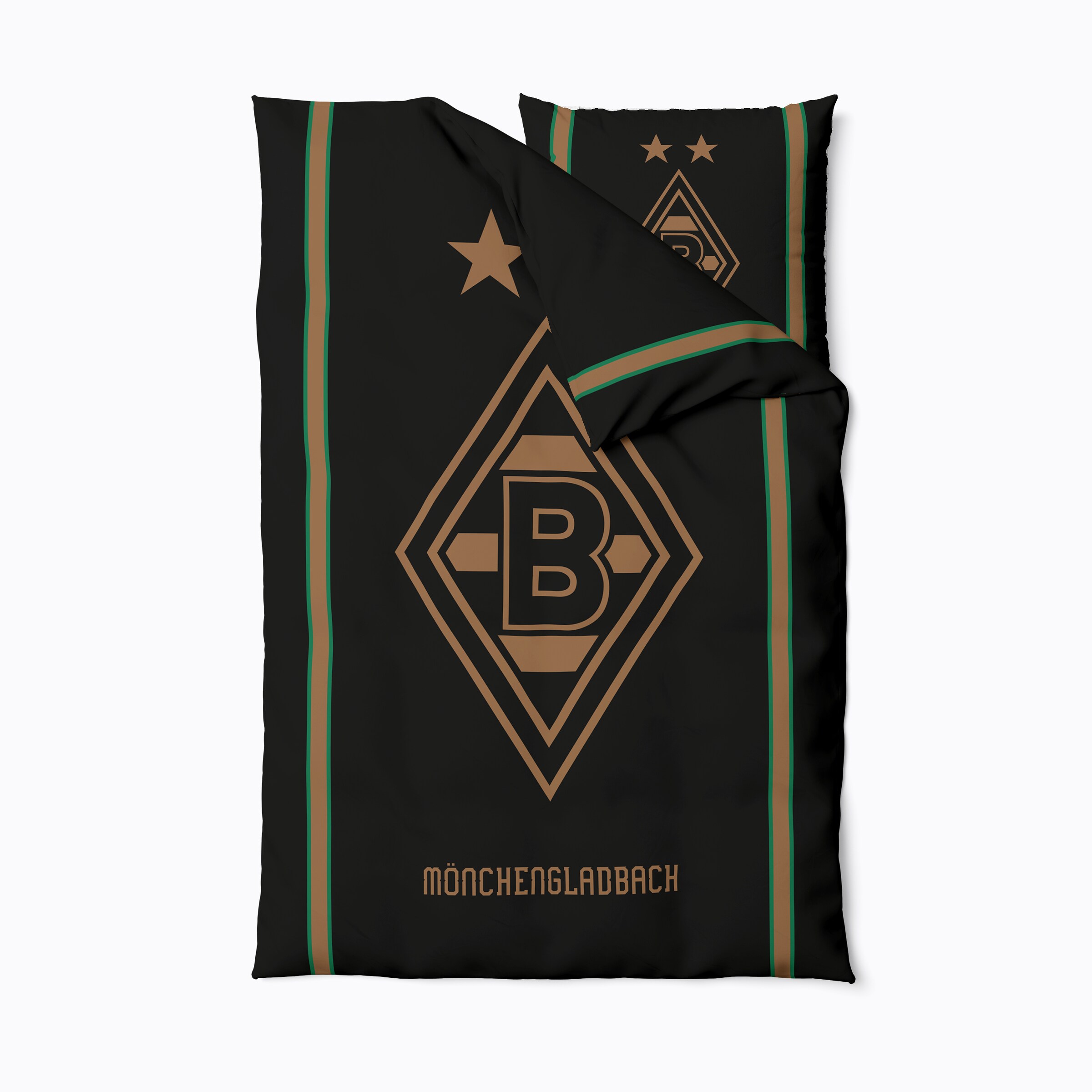 Black Borussia Mönchengladbach bedding with gold diamond logo, star, green-gold side stripes, and the name Mönchengladbach at the bottom.
