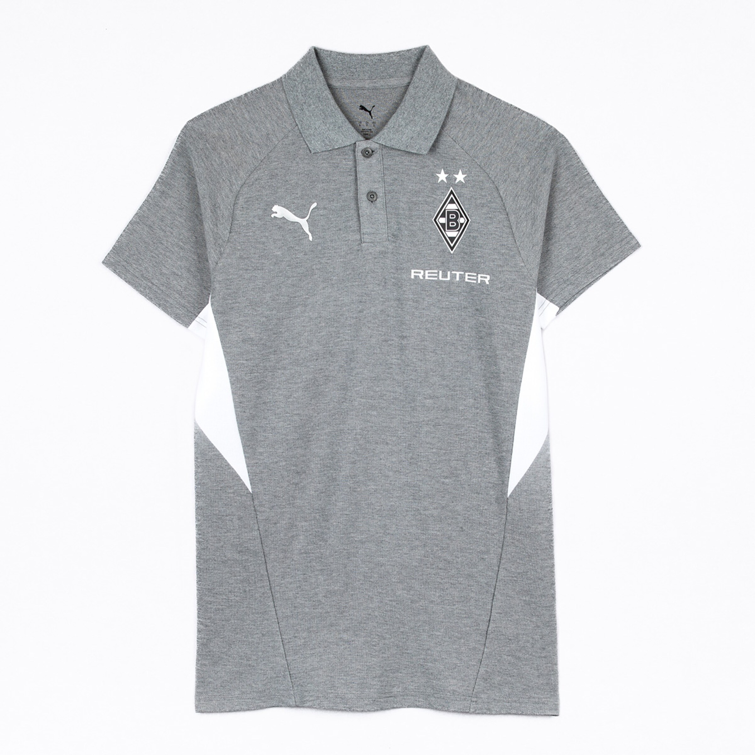 Graues Polo-Shirt von Puma mit Borussia Mönchengladbach-Logo und REUTER Schriftzug.