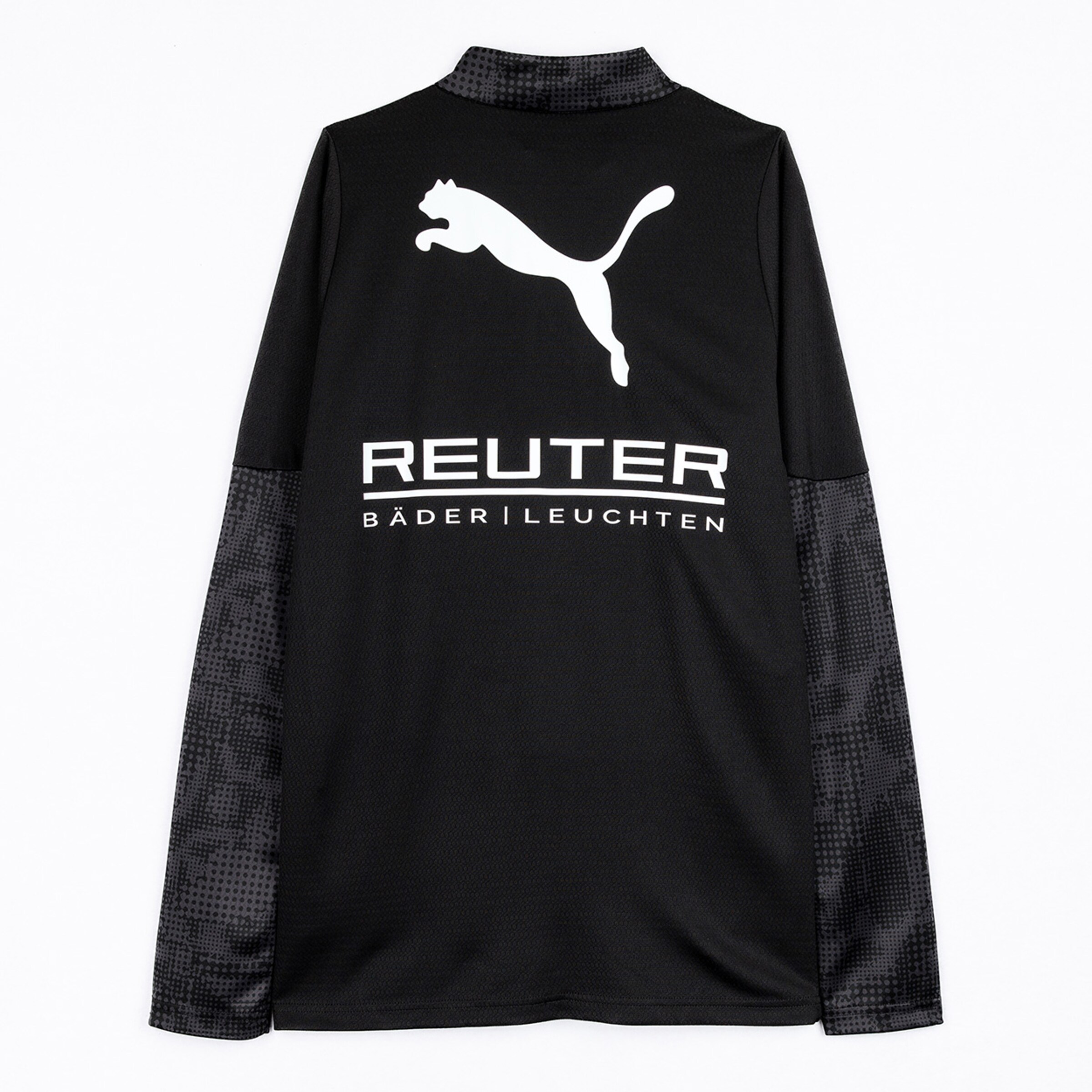 Schwarzes langärmeliges Trikot mit Puma-Logo und dem Schriftzug REUTER BÄDER | LEUCHTEN auf der Rückseite.