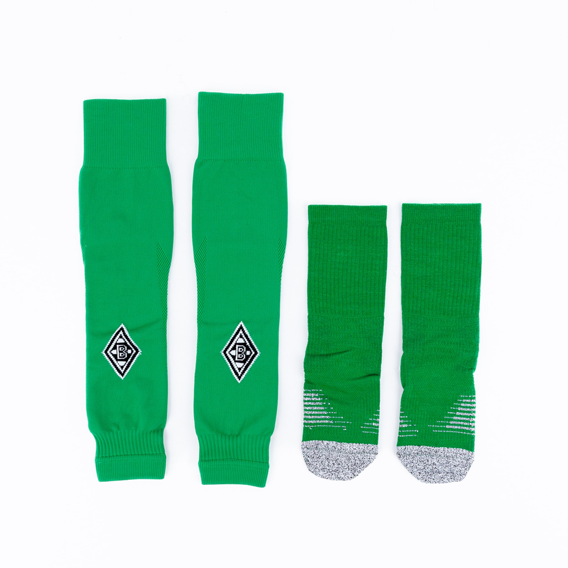 Green soccer socks with Borussia Mönchengladbach logo featuring longer and shorter styles.