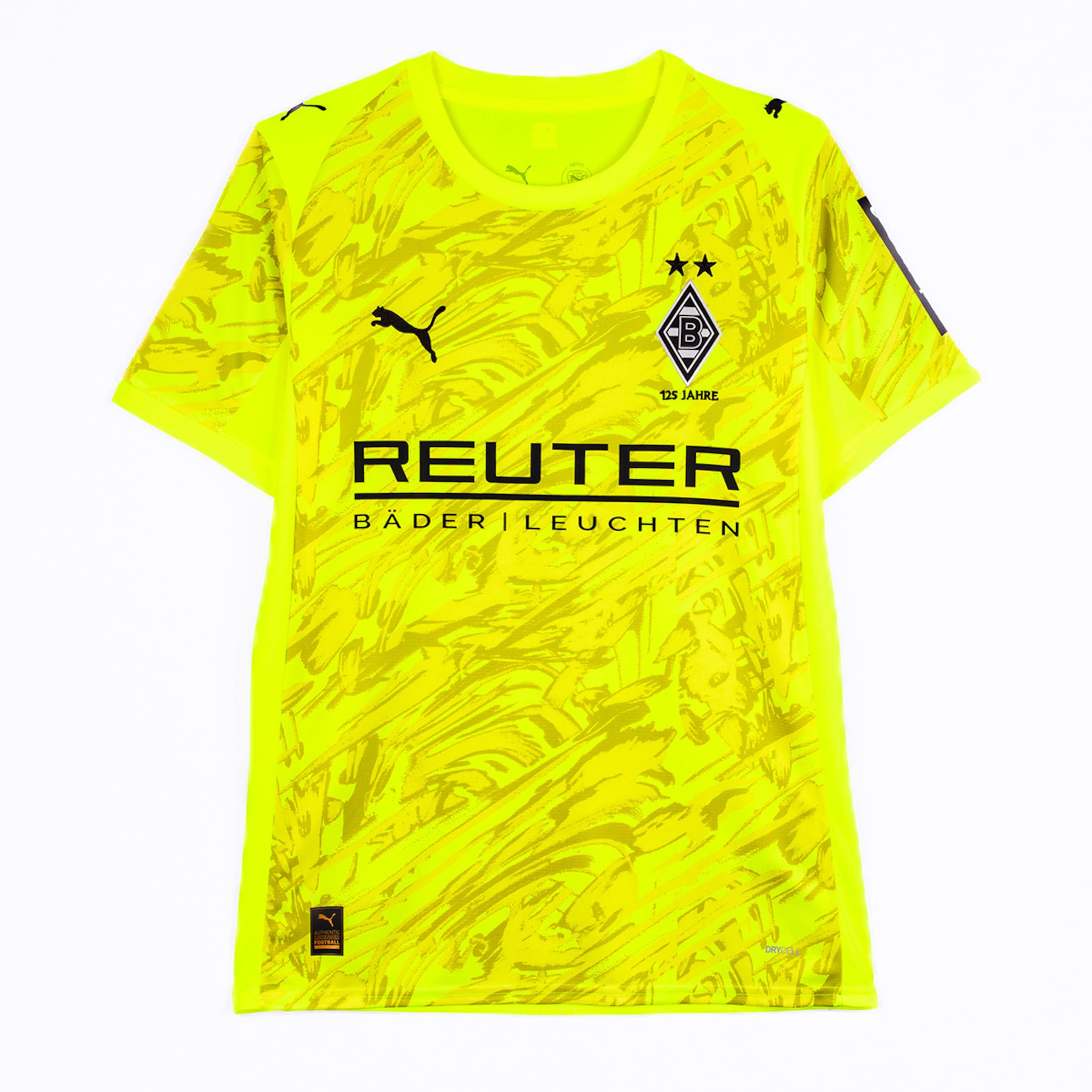 Borussia Mönchengladbach jersey bright yellow with abstract pattern and sponsor logo.