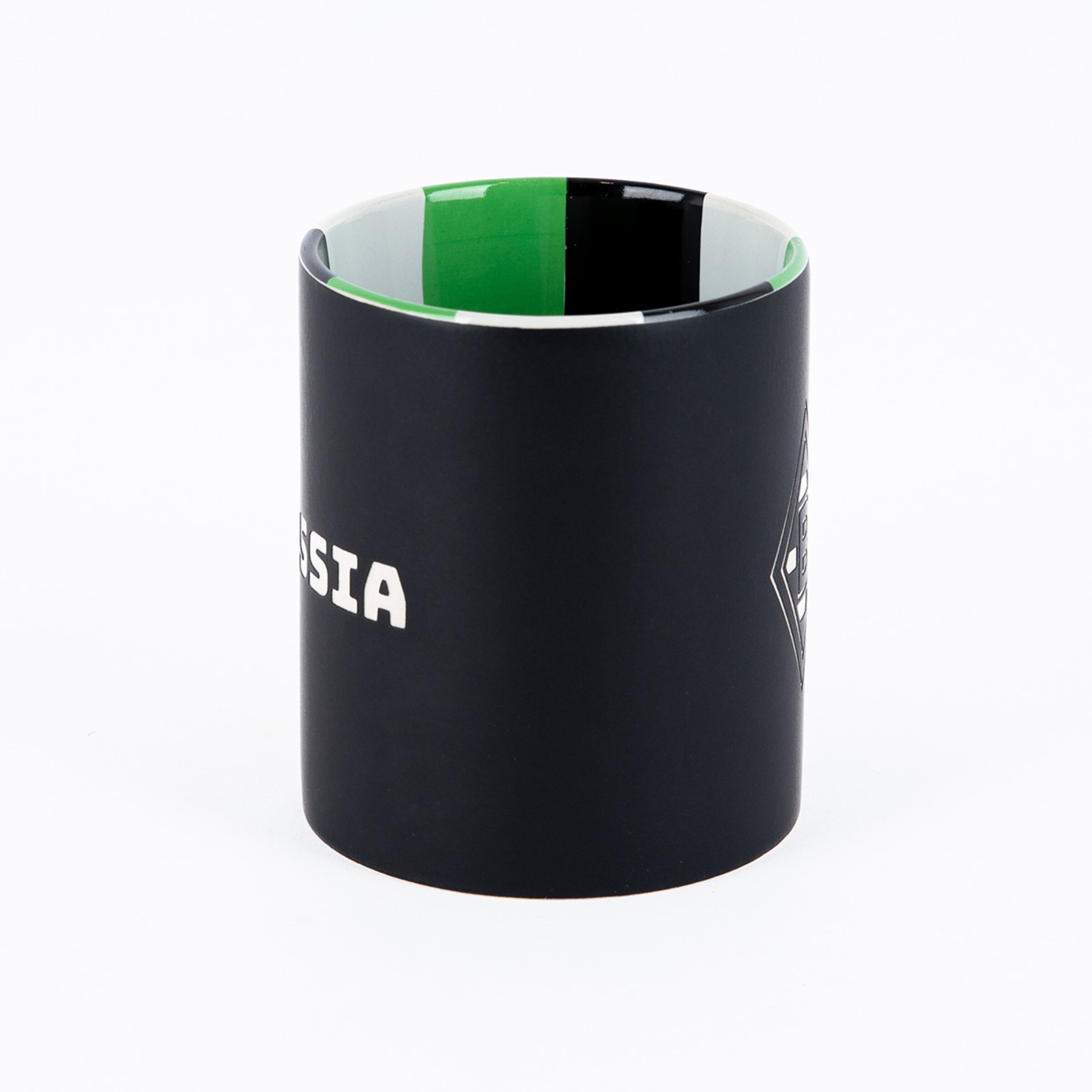 Black mug with a green interior and the text BORUSSIA.