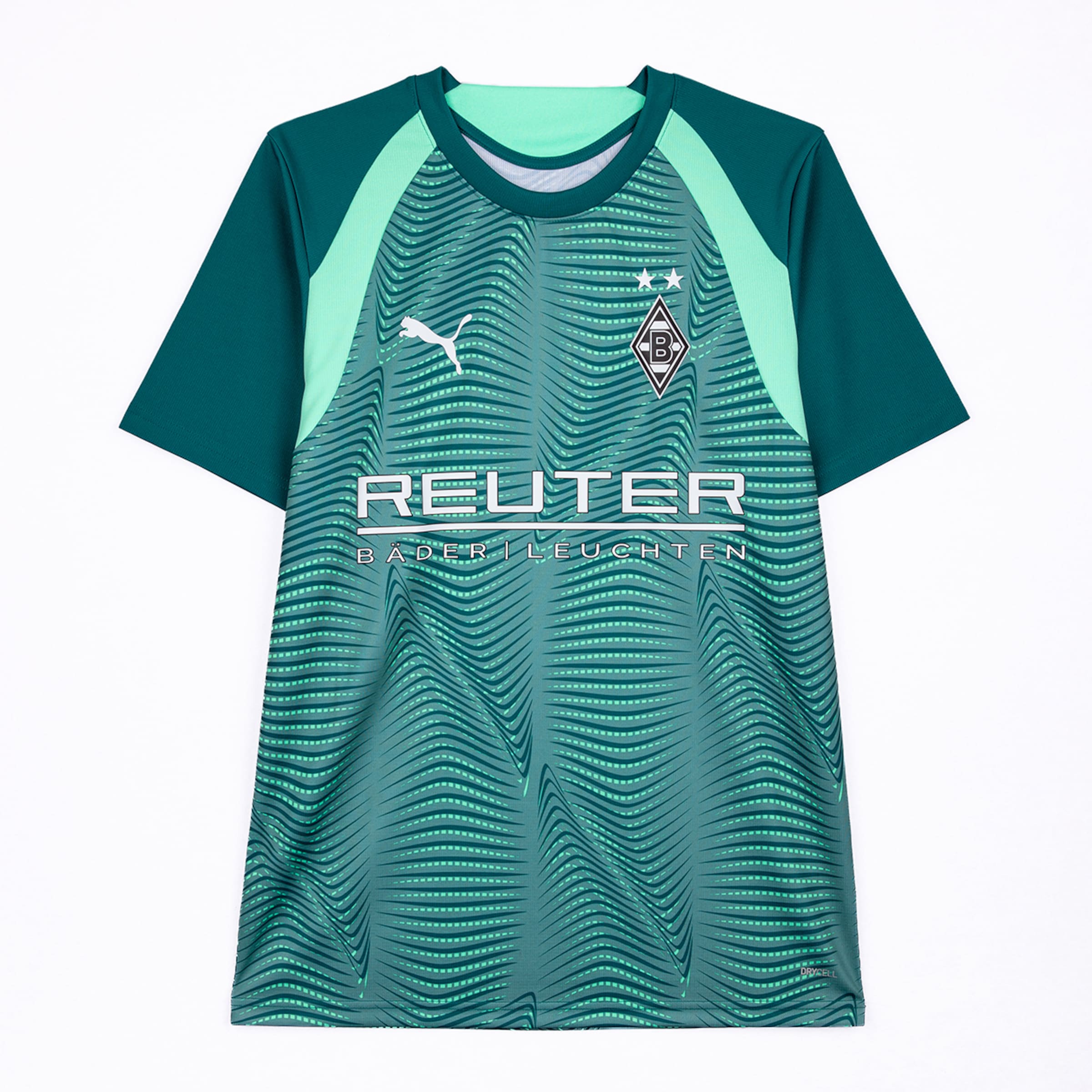 Green and light green Borussia Mönchengladbach football jersey with a wavy pattern. It features the Puma logo, club crest with two stars, and REUTER sponsor on the chest.